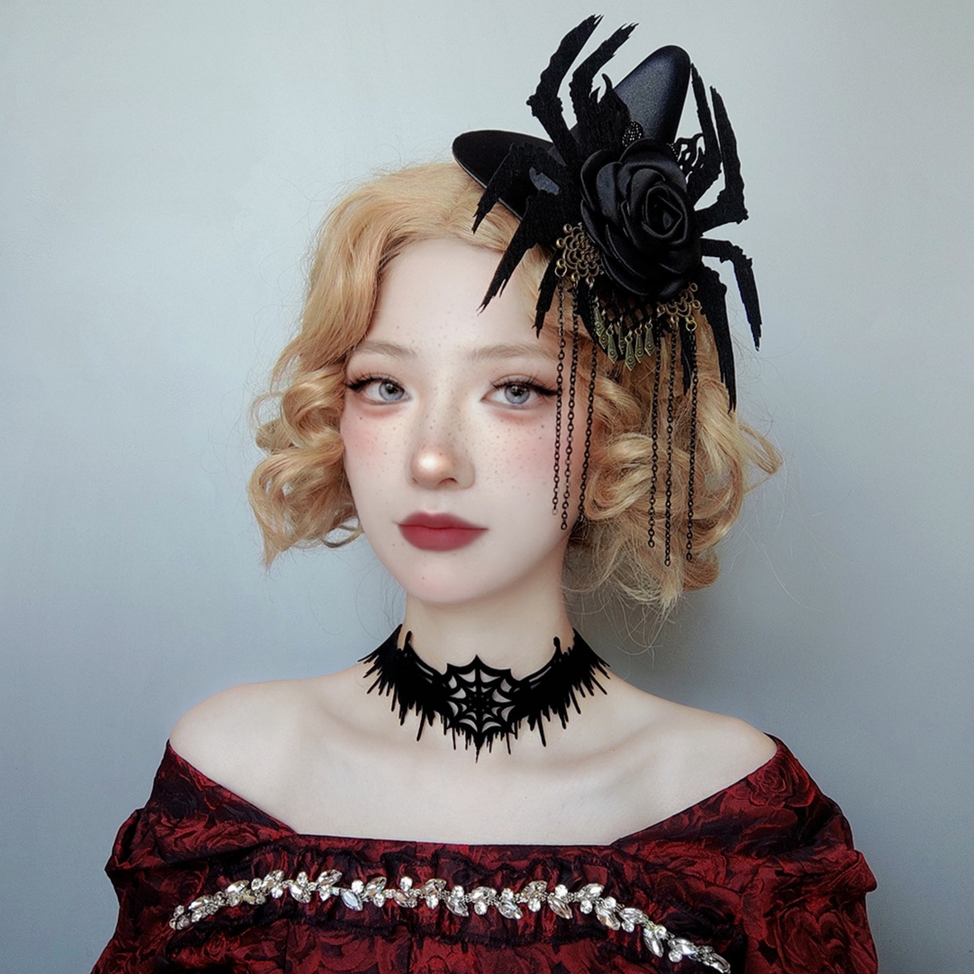 Halloween Gothic Black Spiderweb Choker Necklace | Wide Cutwork Spike Edge Ribbon Tie Witch Dark Jewelry