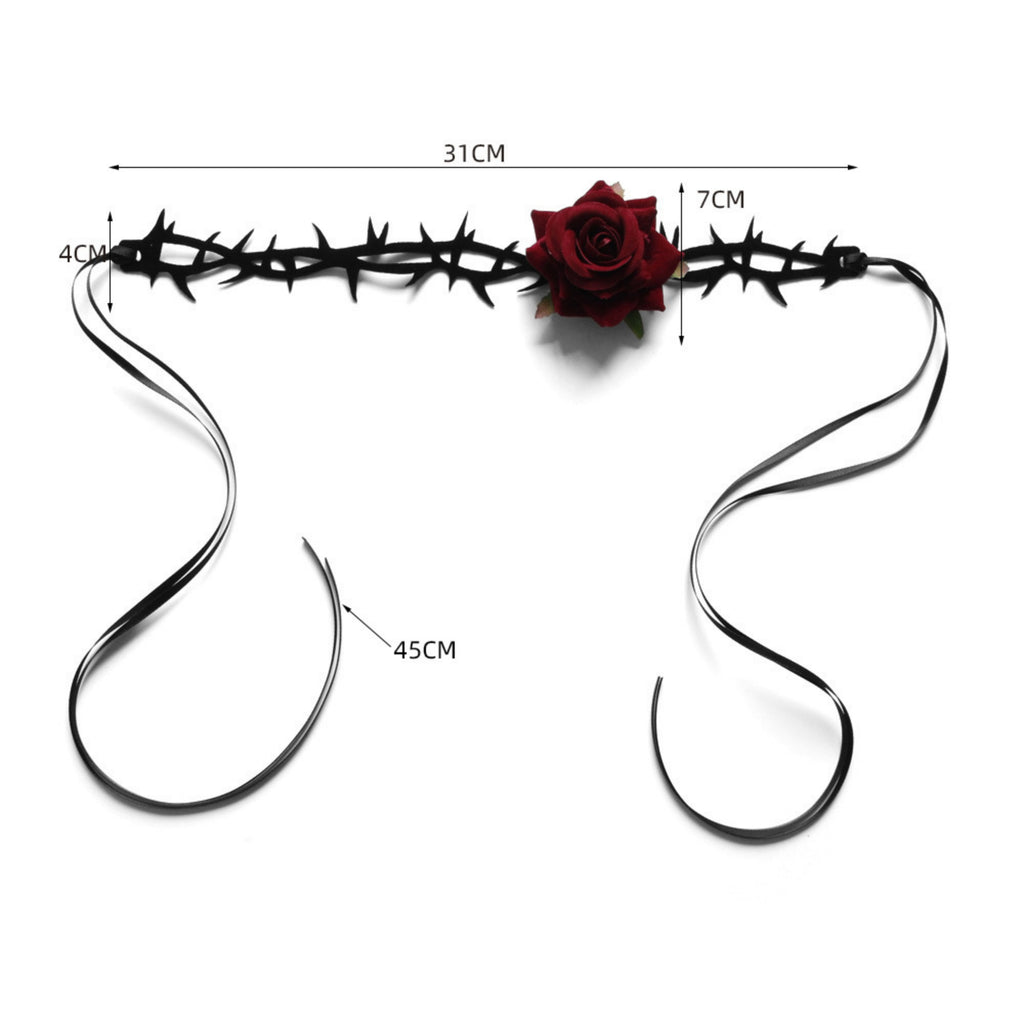 Halloween Gothic Black Thorn Vine Red Rose Choker Necklace | Barbed Wire Ribbon Tie Dark Romance Halloween Jewelry
