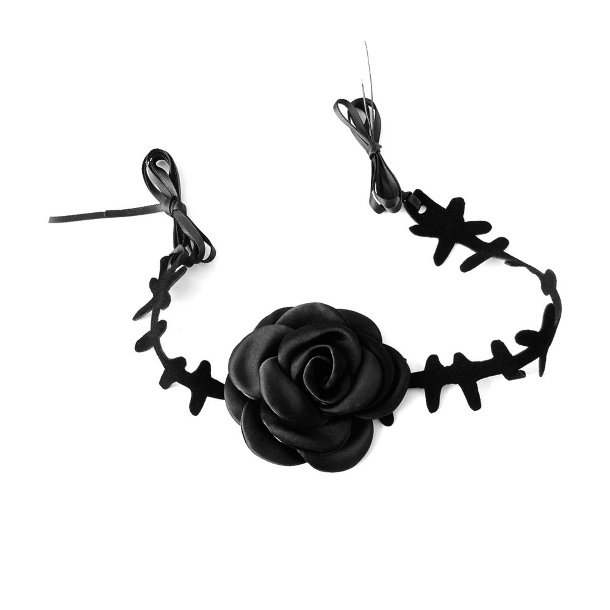 Gothic Black Velvet Thorn Vine Choker Necklace | 3D Rose Ribbon Tie Dark Romance Halloween Vampire Jewelry