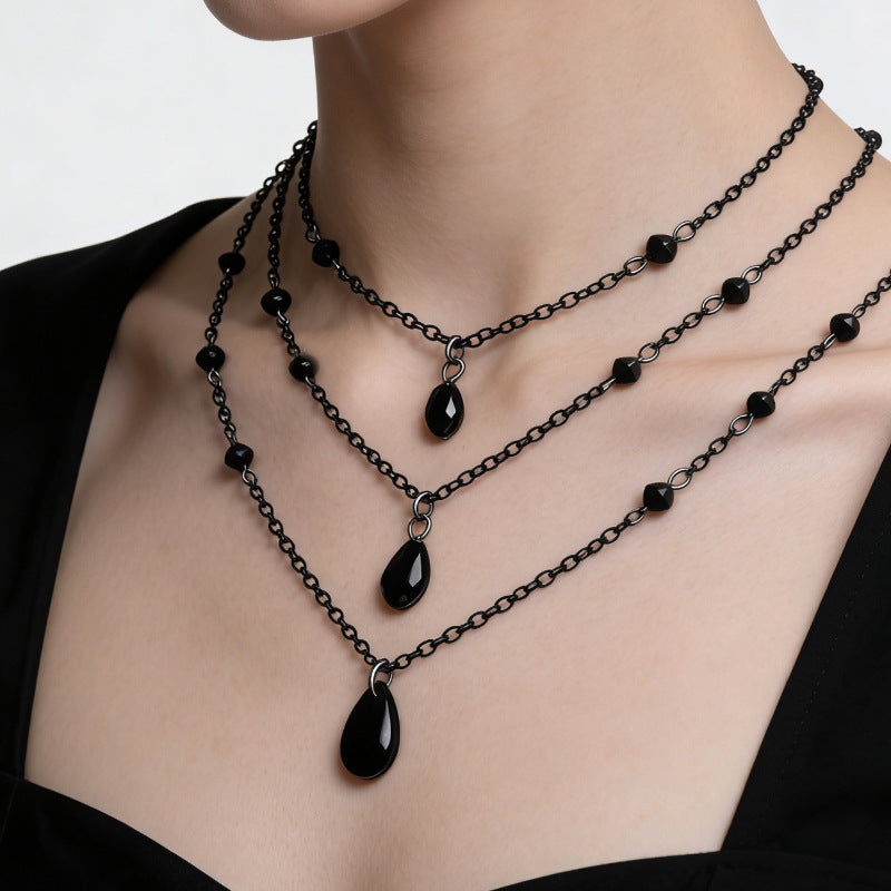 Halloween Gothic Black Triple Layer Crystal Teardrop Necklace Set | All-Black Chain Bead Dark Aesthetic Halloween Jewelry