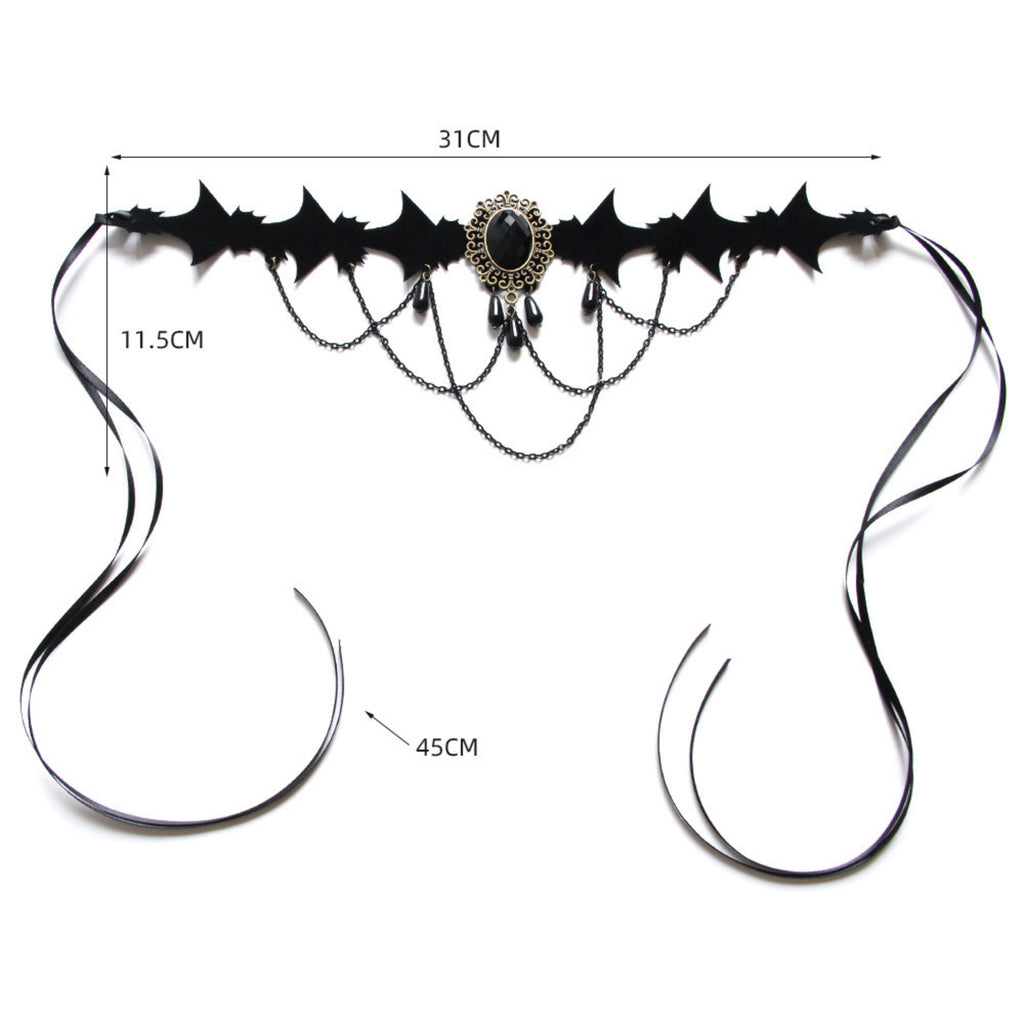 Halloween Gothic Multi-Bat Wing Choker Necklace | Antique Bronze Black Oval Gemstone Teardrop Drop Chain Drape Vampire Bride Dark Costume Jewelry