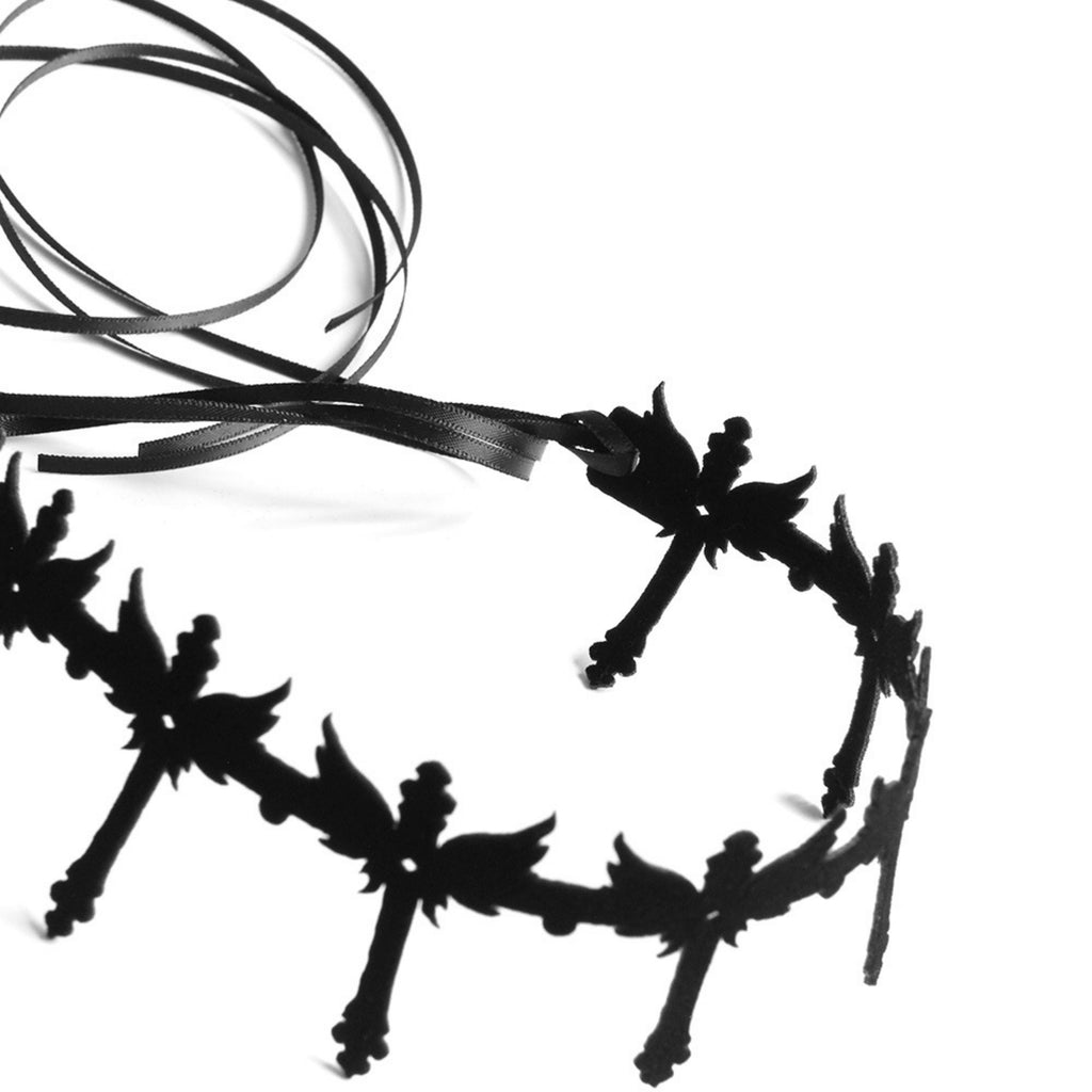 Gothic Black Winged Cross Choker Necklace | Wide Cutwork Ribbon Tie Dark Angel Halloween Jewelry