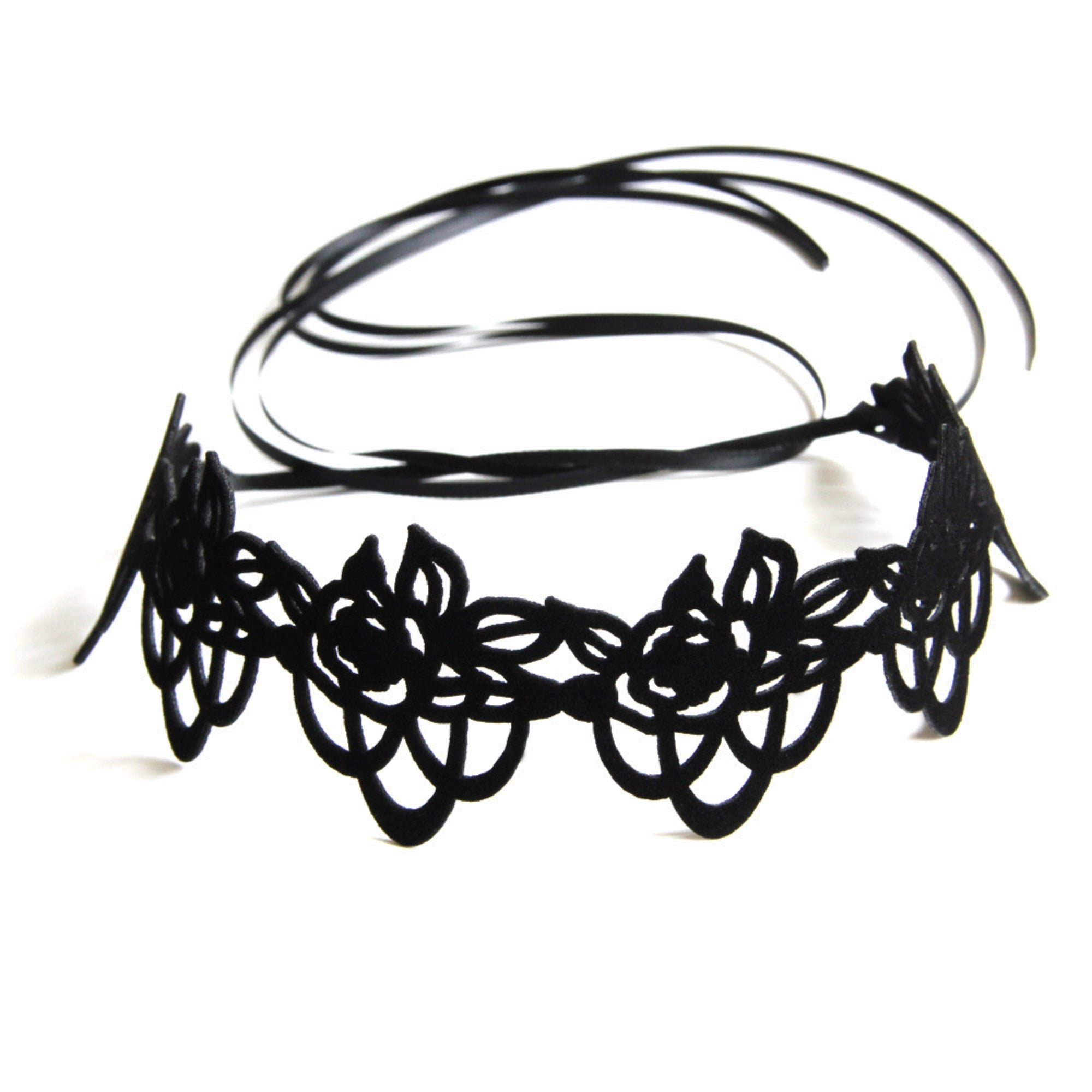 Black Velvet Floral Lattice Cutwork Choker Necklace | Geometric Lace Pattern Ribbon Tie Gothic Lolita Dark Aesthetic Halloween Jewelry