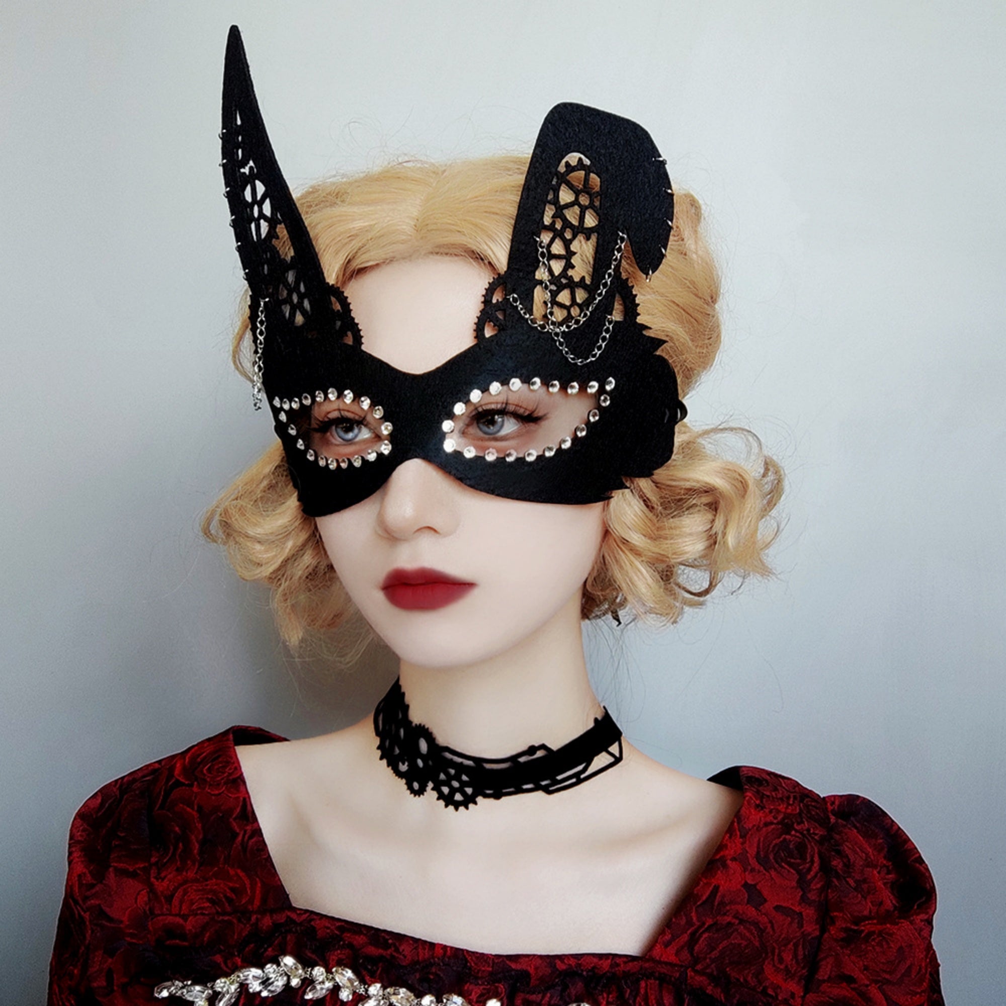 Gothic Lolita Black Lace Choker Necklace | Silver Rhinestone Chain Detail Dark Aesthetic Halloween Jewelry