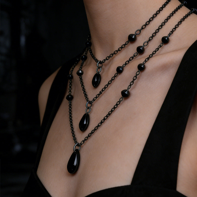 Halloween Gothic Black Triple Layer Crystal Teardrop Necklace Set | All-Black Chain Bead Dark Aesthetic Halloween Jewelry