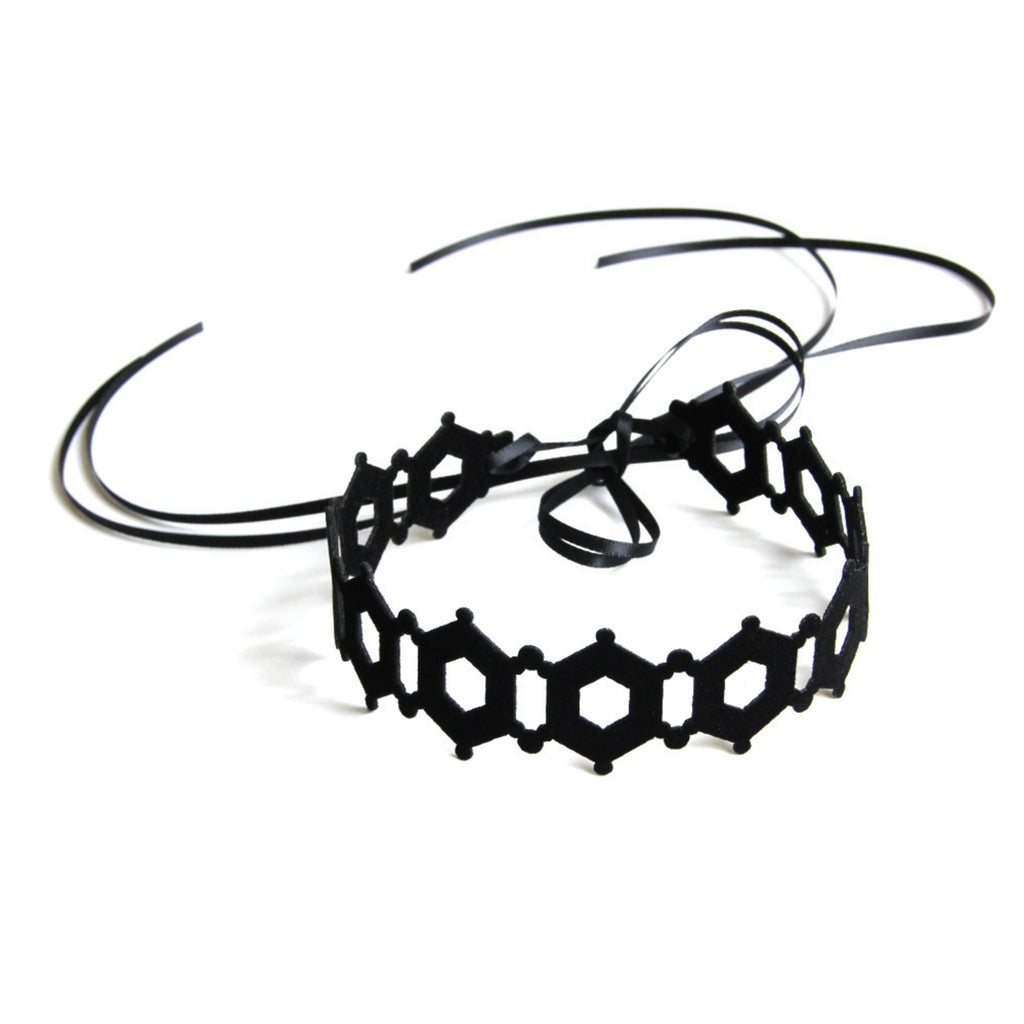 Black Hexagon Lattice Cutwork Choker Necklace | Geometric Honeycomb Ribbon Tie Gothic Y2K Dark Aesthetic Halloween Jewelry