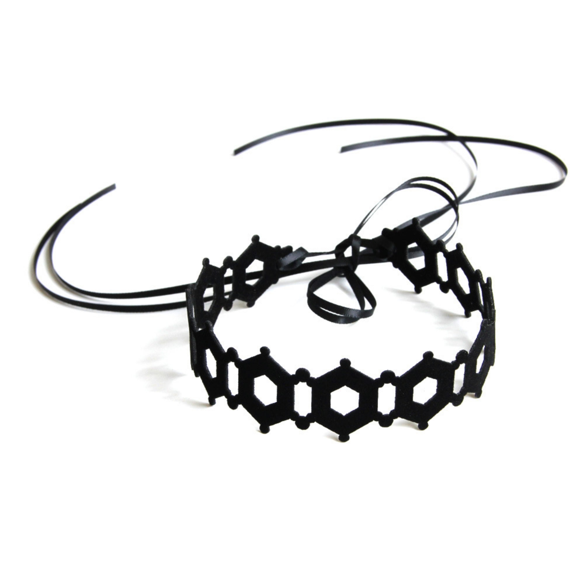 Black Hexagon Lattice Cutwork Choker Necklace | Geometric Honeycomb Ribbon Tie Gothic Y2K Dark Aesthetic Halloween Jewelry