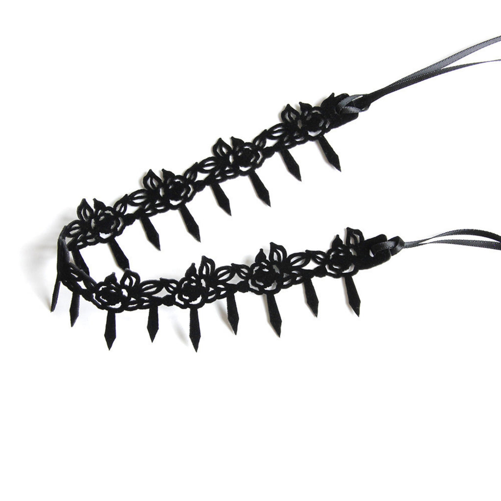 Halloween Black Spike Fringe Vine Choker Necklace | Velvet Thorn Spike Drop Scroll Vine Ribbon Tie Vampire Witch Dark Costume Halloween Jewelry