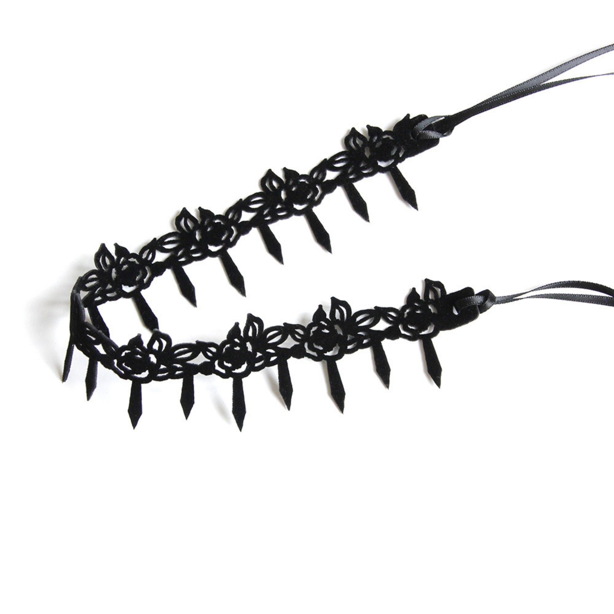 Halloween Black Spike Fringe Vine Choker Necklace | Velvet Thorn Spike Drop Scroll Vine Ribbon Tie Vampire Witch Dark Costume Halloween Jewelry