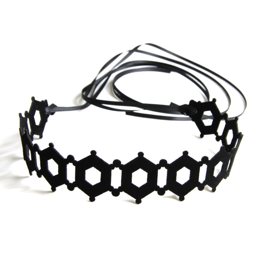 Black Hexagon Lattice Cutwork Choker Necklace | Geometric Honeycomb Ribbon Tie Gothic Y2K Dark Aesthetic Halloween Jewelry