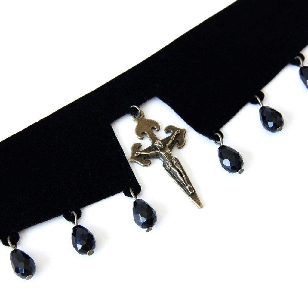 Black Velvet Choker Necklace | Gothic Crucifix Cross Crystal Drop Y2K Aesthetic Gift for Her | Dark Fairycore Jewelry