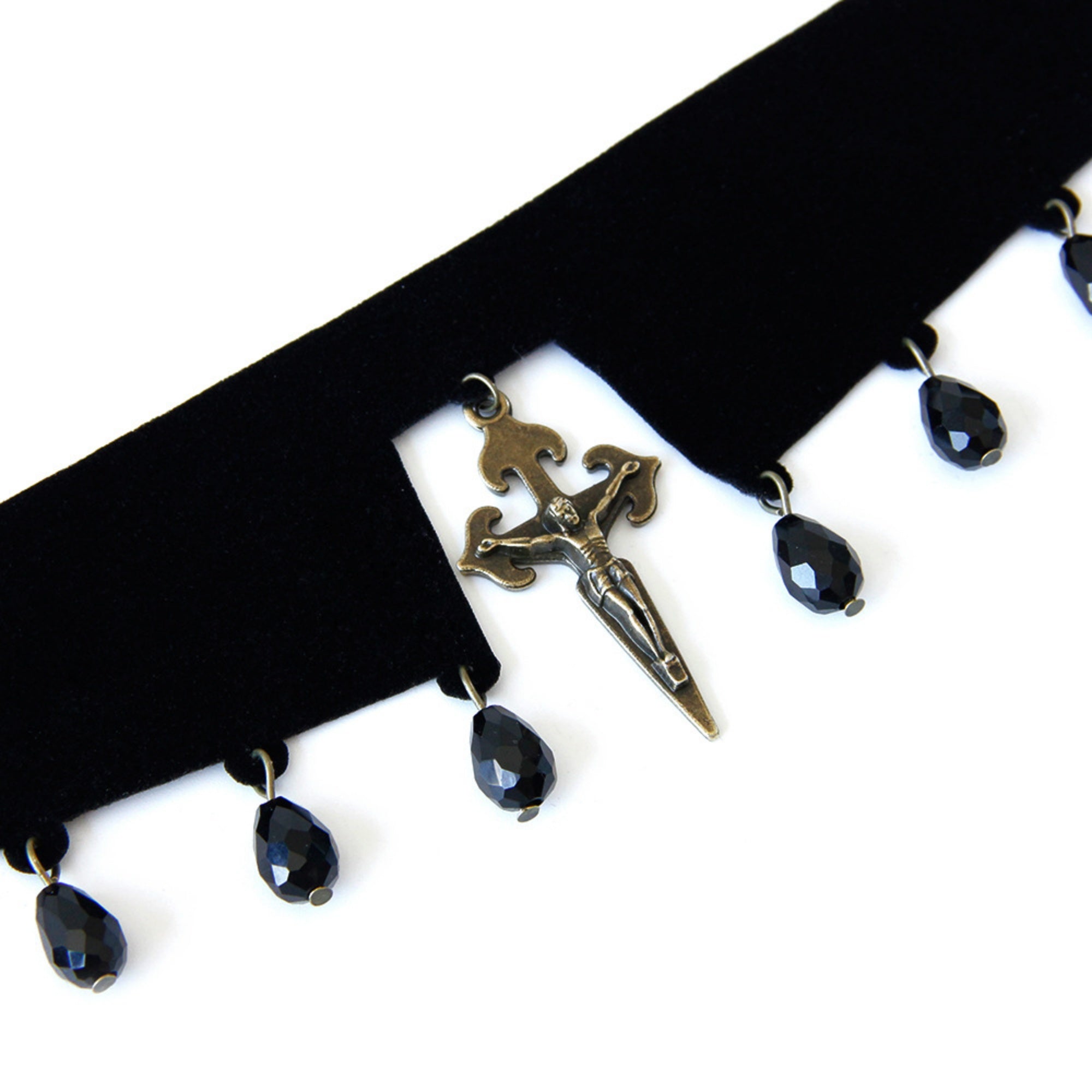 Black Velvet Choker Necklace | Gothic Crucifix Cross Crystal Drop Y2K Aesthetic Gift for Her | Dark Fairycore Jewelry