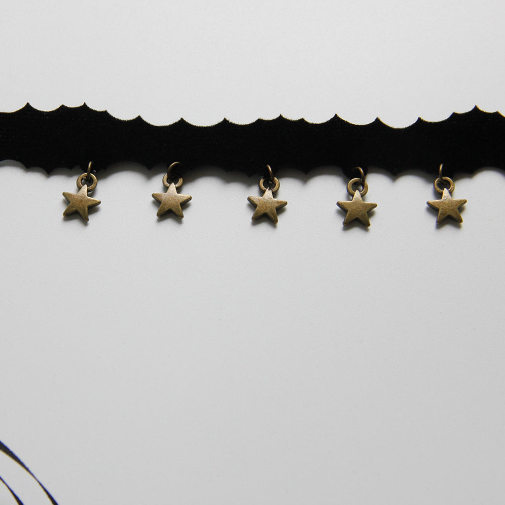 Halloween Black Bat Silhouette Choker Necklace | Antique Gold Star Charm Fringe Scallop Edge Ribbon Tie Vampire Witch Dark Costume Jewelry