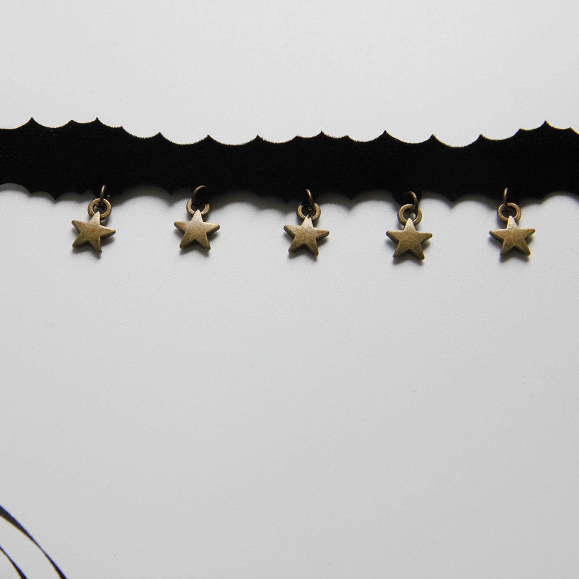 Halloween Black Bat Silhouette Choker Necklace | Antique Gold Star Charm Fringe Scallop Edge Ribbon Tie Vampire Witch Dark Costume Jewelry
