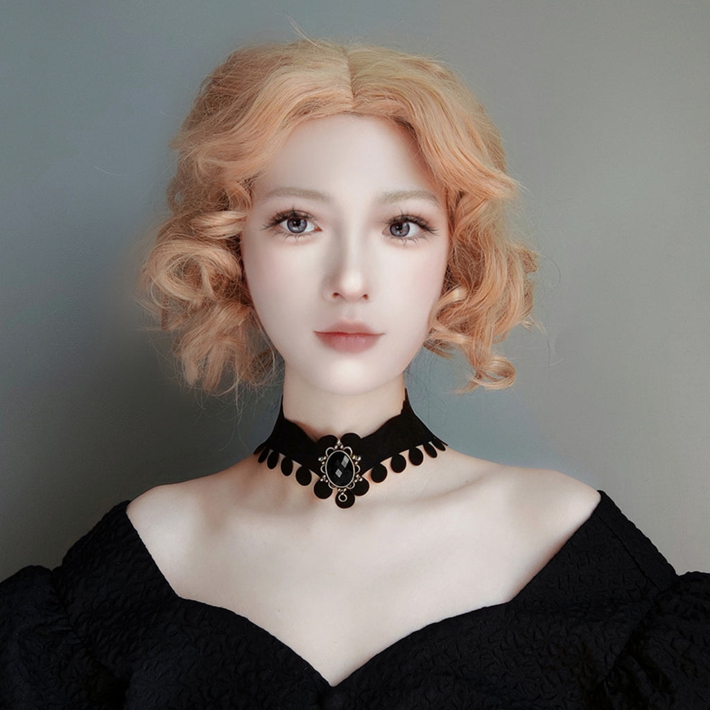 Halloween Black Velvet Baroque Choker Necklace | Pompom Ball Fringe Antique Bronze Black Oval Gemstone Pendant Long Ribbon Tie Dark Costume Jewelry