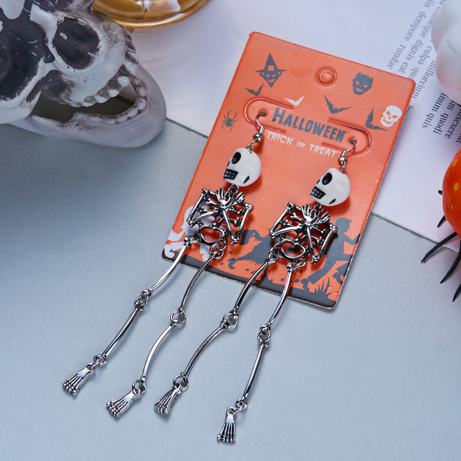 Halloween Gothic Skeleton Full Body Pendant Necklace & Bone Earring Set | Antique Silver Skull Jewelry Dark Halloween