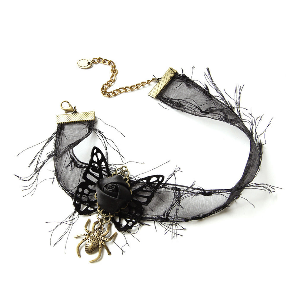 Halloween Black Lace Fringe Choker Necklace | Gold Spider Pendant Black Rose Antique Bronze Butterfly Center Halloween Witch Vampire Dark Costume Jewelry