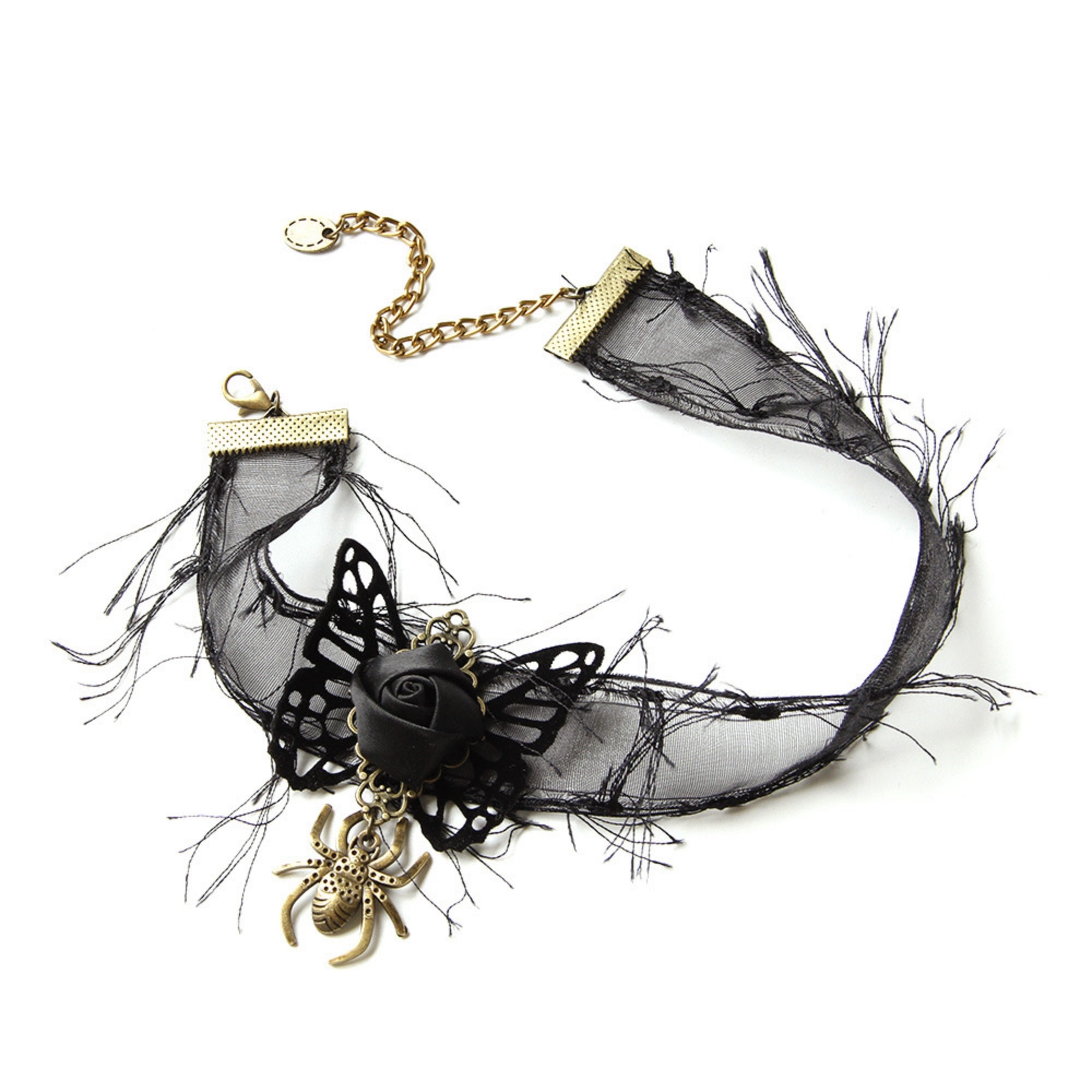 Halloween Black Lace Fringe Choker Necklace | Gold Spider Pendant Black Rose Antique Bronze Butterfly Center Halloween Witch Vampire Dark Costume Jewelry