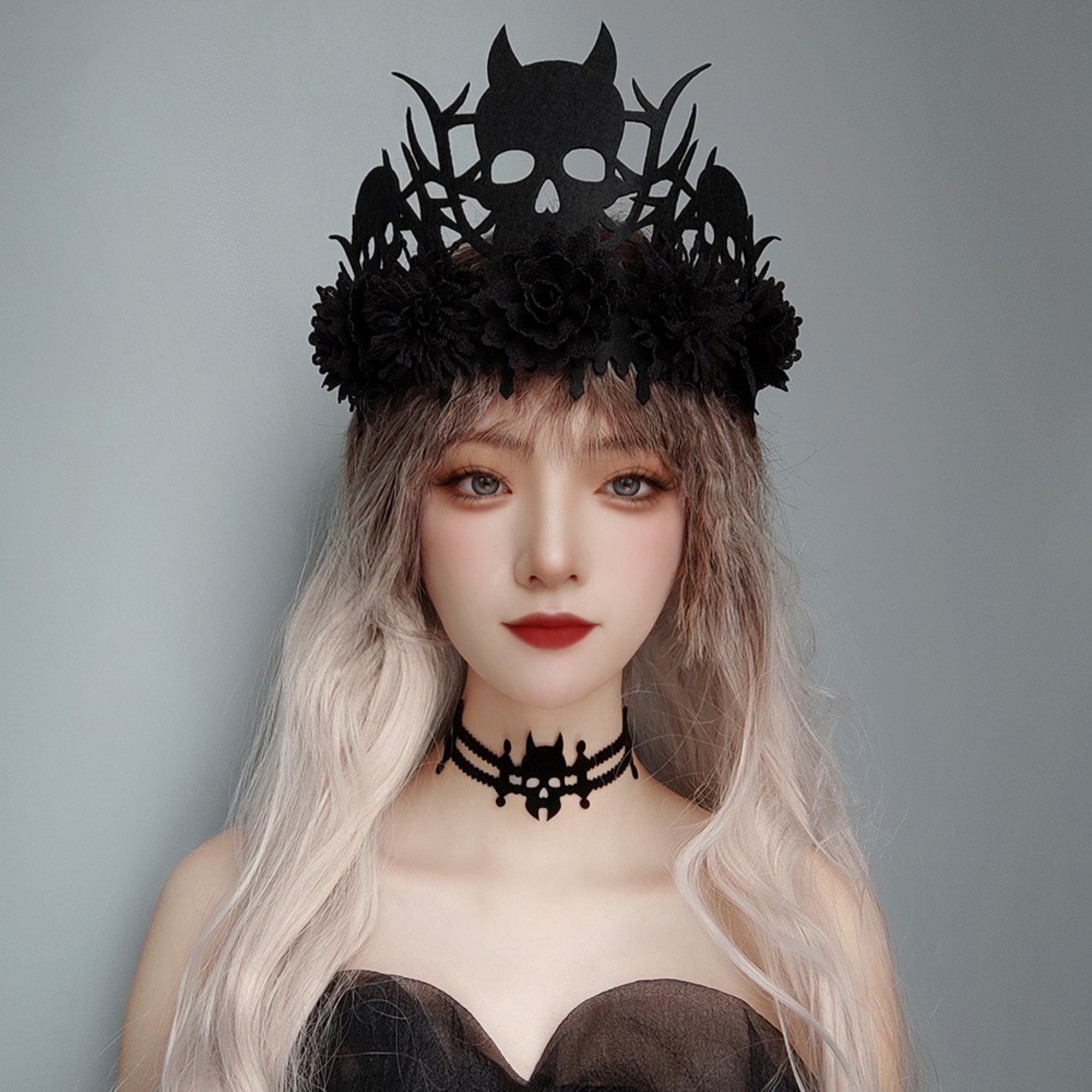 Halloween Gothic Skull Bat Lace Choker & Black Rose Skull Thorn Crown Headpiece Set | Dark Queen Vampire Bride Costume Jewelry Set
