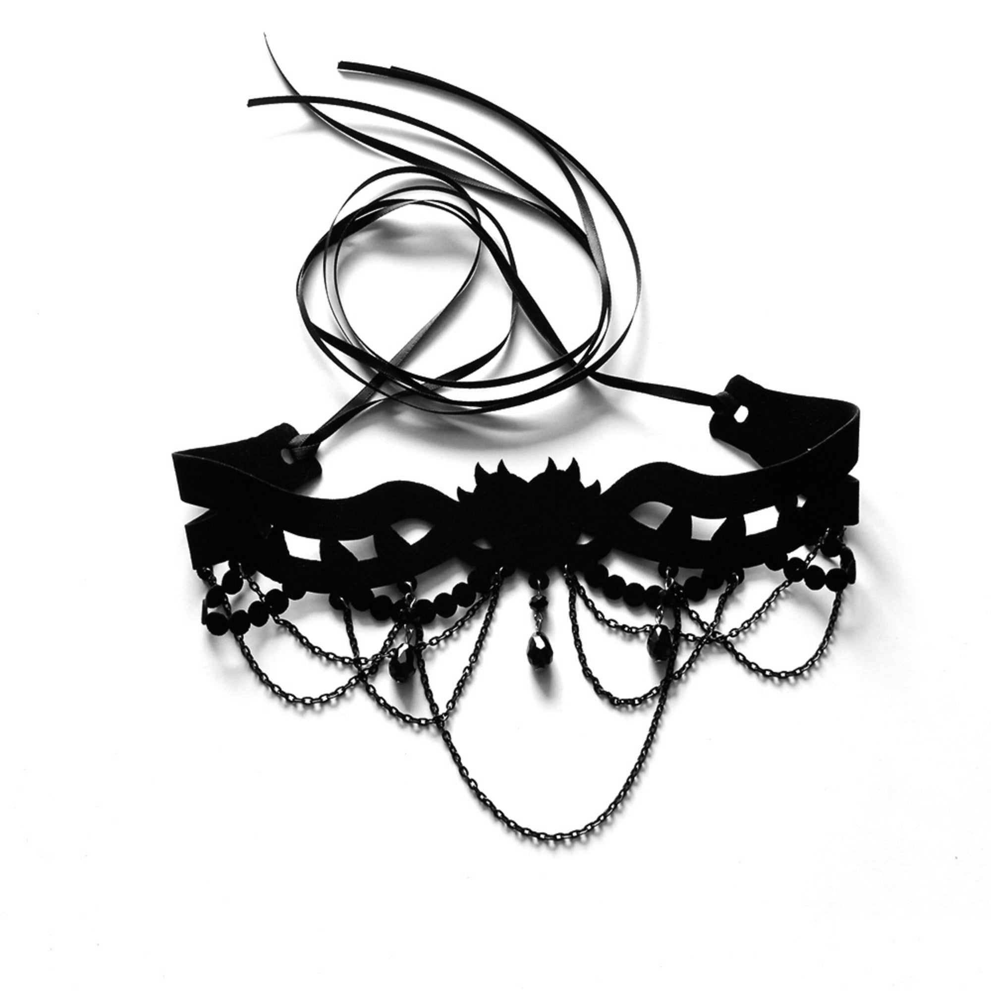 Halloween Gothic All-Black Velvet Crown Cutwork Choker Necklace | Black Chain Drape Bead Fringe Teardrop Pendant Cord Tie Dark Queen Costume Jewelry