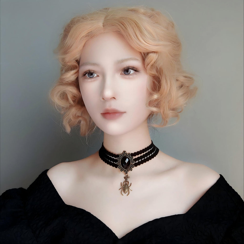 Halloween Black Triple Bead Row Choker Necklace | Antique Bronze Spider Pendant Black Oval Gemstone Ribbon Tie Dark Witch Costume Jewelry