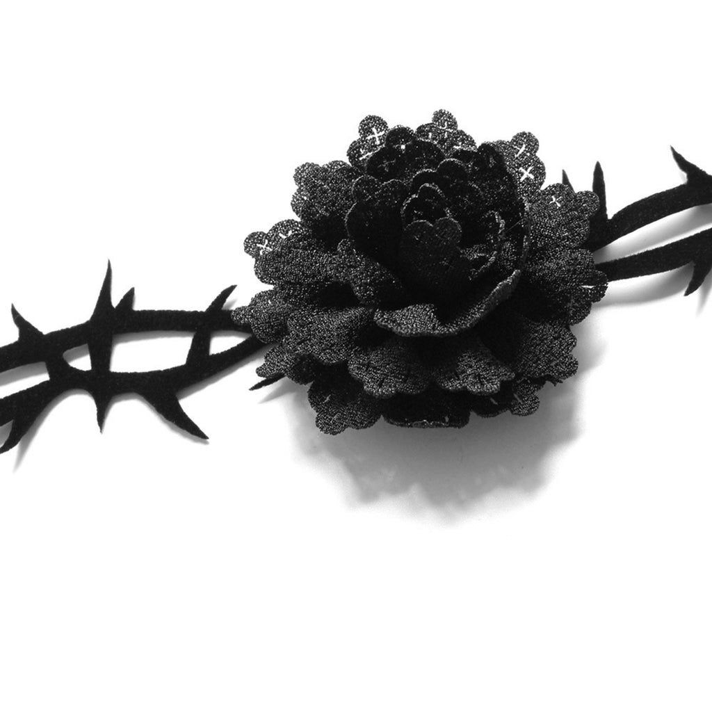 Halloween Black Thorn Vine Choker Necklace | Black Rose Lace Center Ultra Long Ribbon Tie Dark Romance Vampire Gothic Costume Jewelry