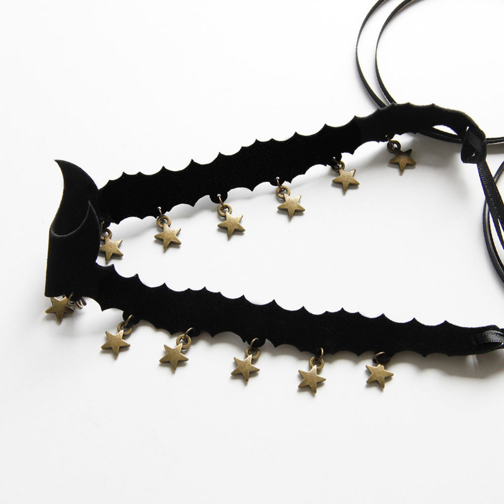Halloween Black Bat Silhouette Choker Necklace | Antique Gold Star Charm Fringe Scallop Edge Ribbon Tie Vampire Witch Dark Costume Jewelry