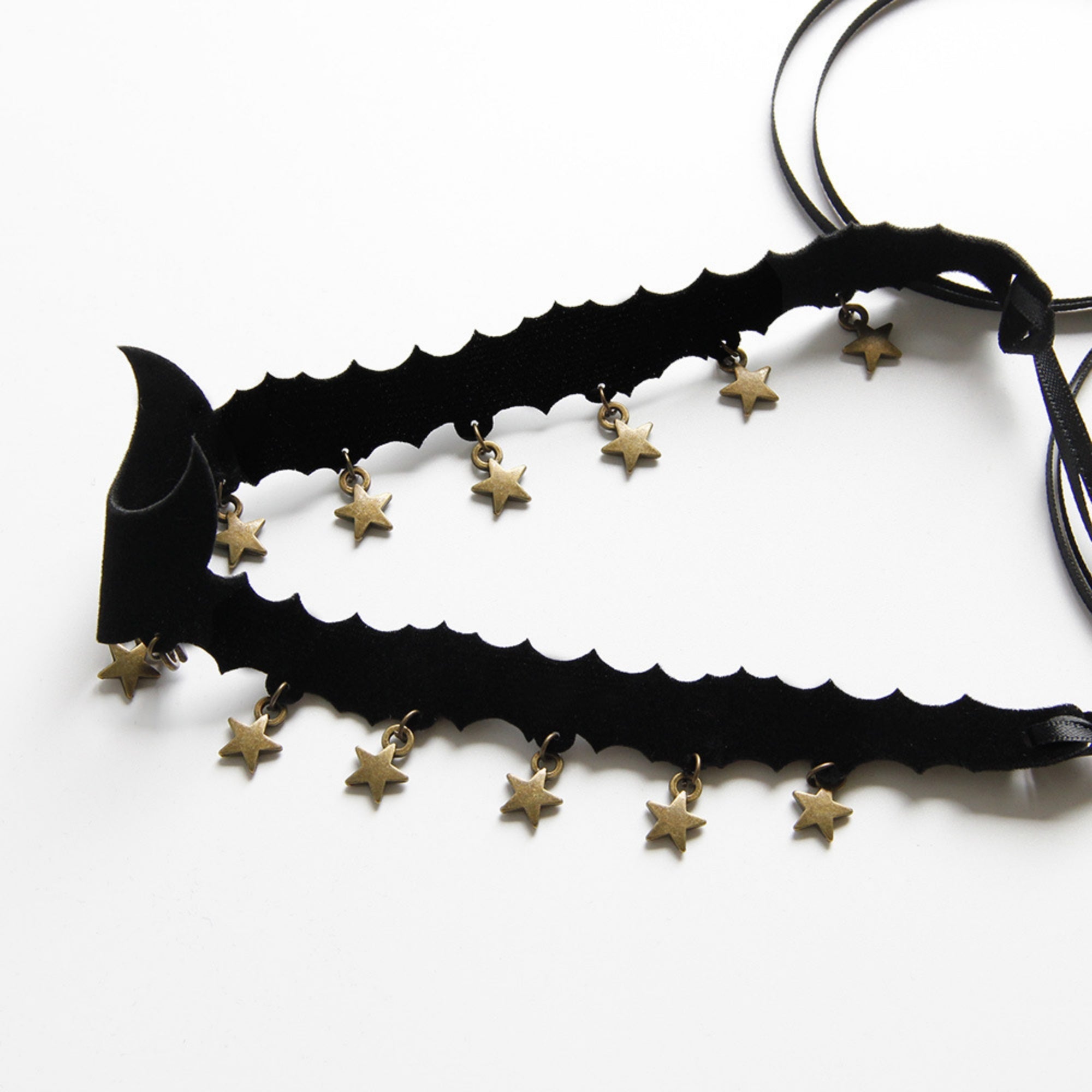 Halloween Black Bat Silhouette Choker Necklace | Antique Gold Star Charm Fringe Scallop Edge Ribbon Tie Vampire Witch Dark Costume Jewelry