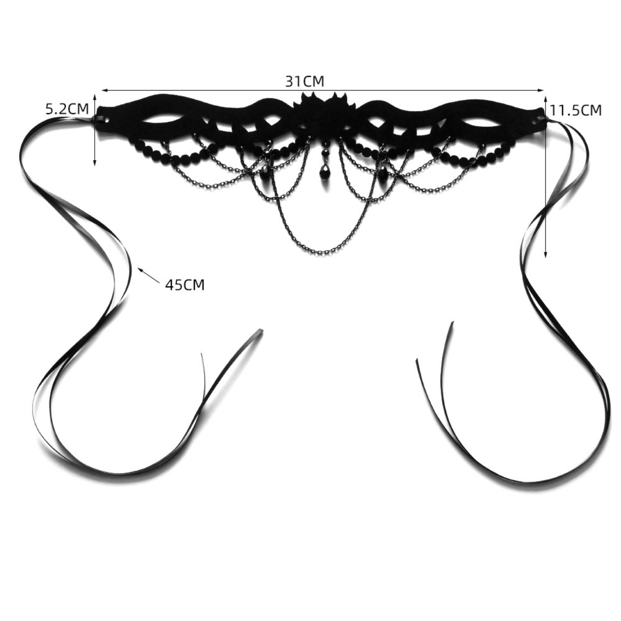 Halloween Gothic All-Black Velvet Crown Cutwork Choker Necklace | Black Chain Drape Bead Fringe Teardrop Pendant Cord Tie Dark Queen Costume Jewelry