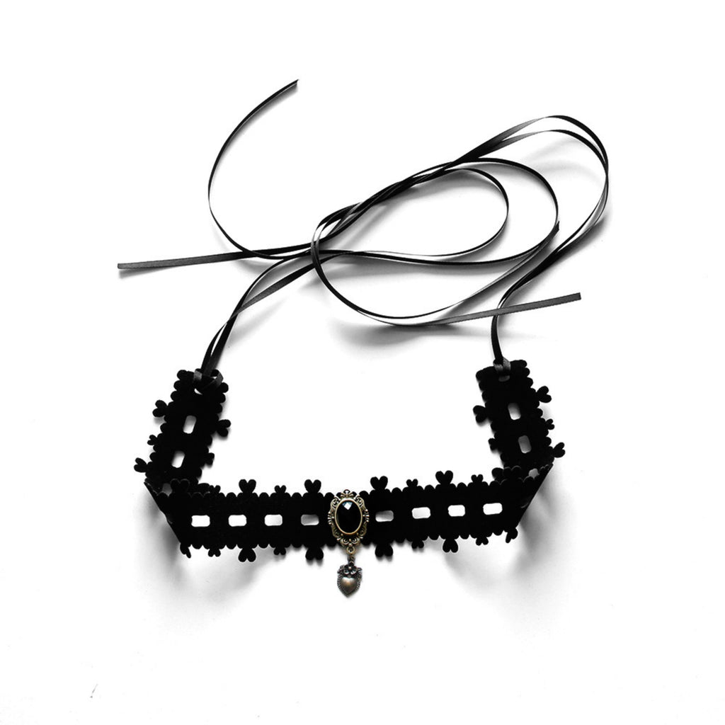 Halloween Gothic Black Velvet Grid Cutwork Choker Necklace | Silver Heart Pendant Black Oval Gemstone Clover Edge Ribbon Tie Dark Witch Costume Jewelry