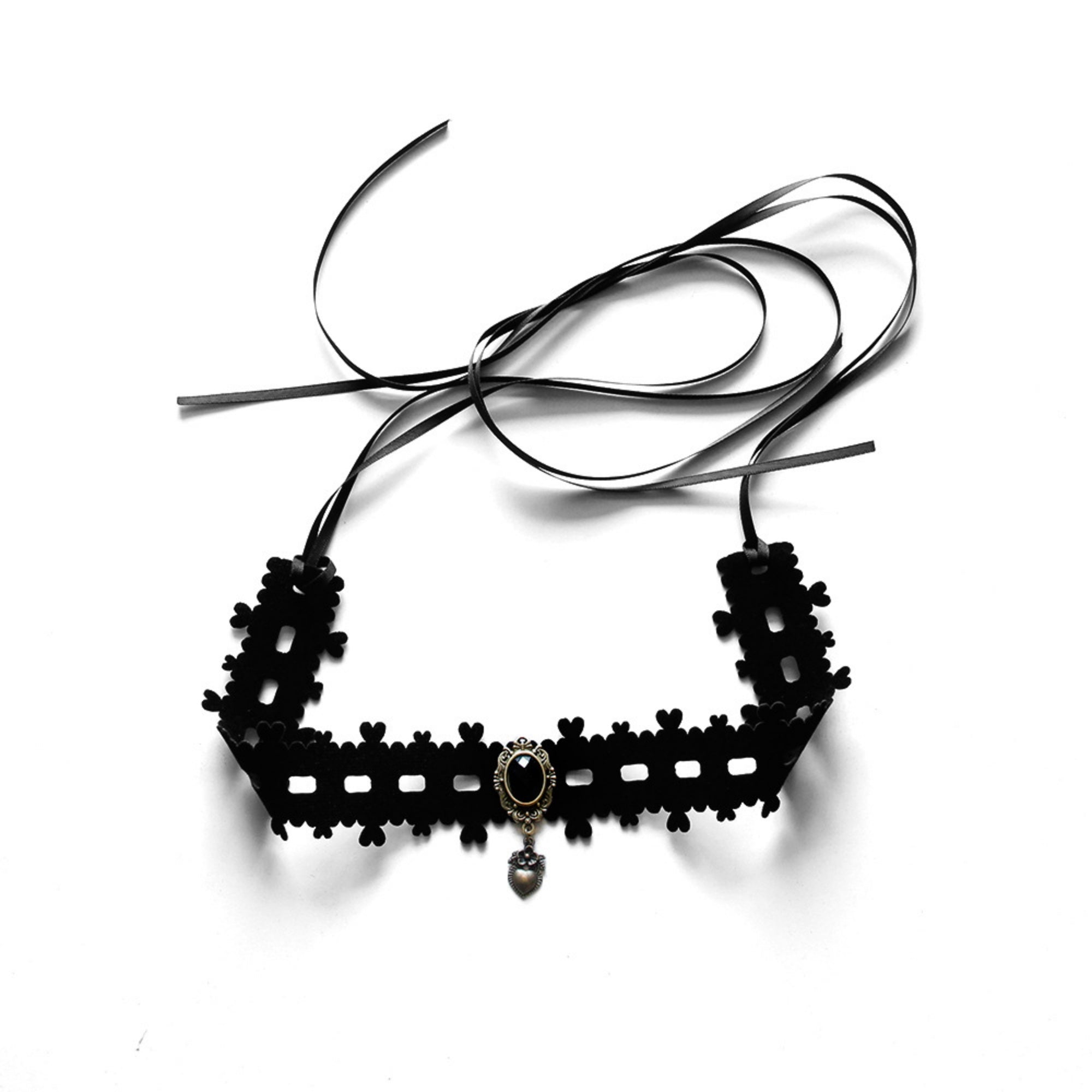 Halloween Gothic Black Velvet Grid Cutwork Choker Necklace | Silver Heart Pendant Black Oval Gemstone Clover Edge Ribbon Tie Dark Witch Costume Jewelry