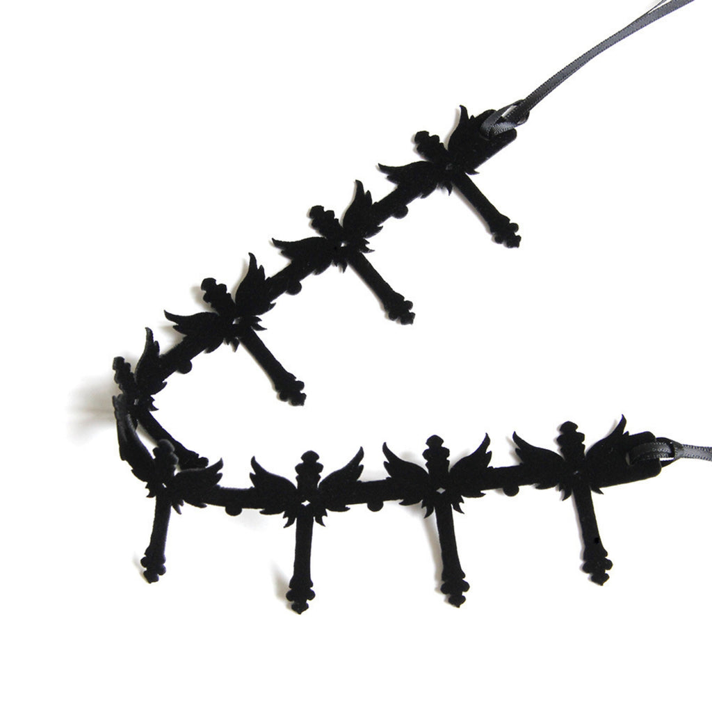 Gothic Black Winged Cross Choker Necklace | Wide Cutwork Ribbon Tie Dark Angel Halloween Jewelry
