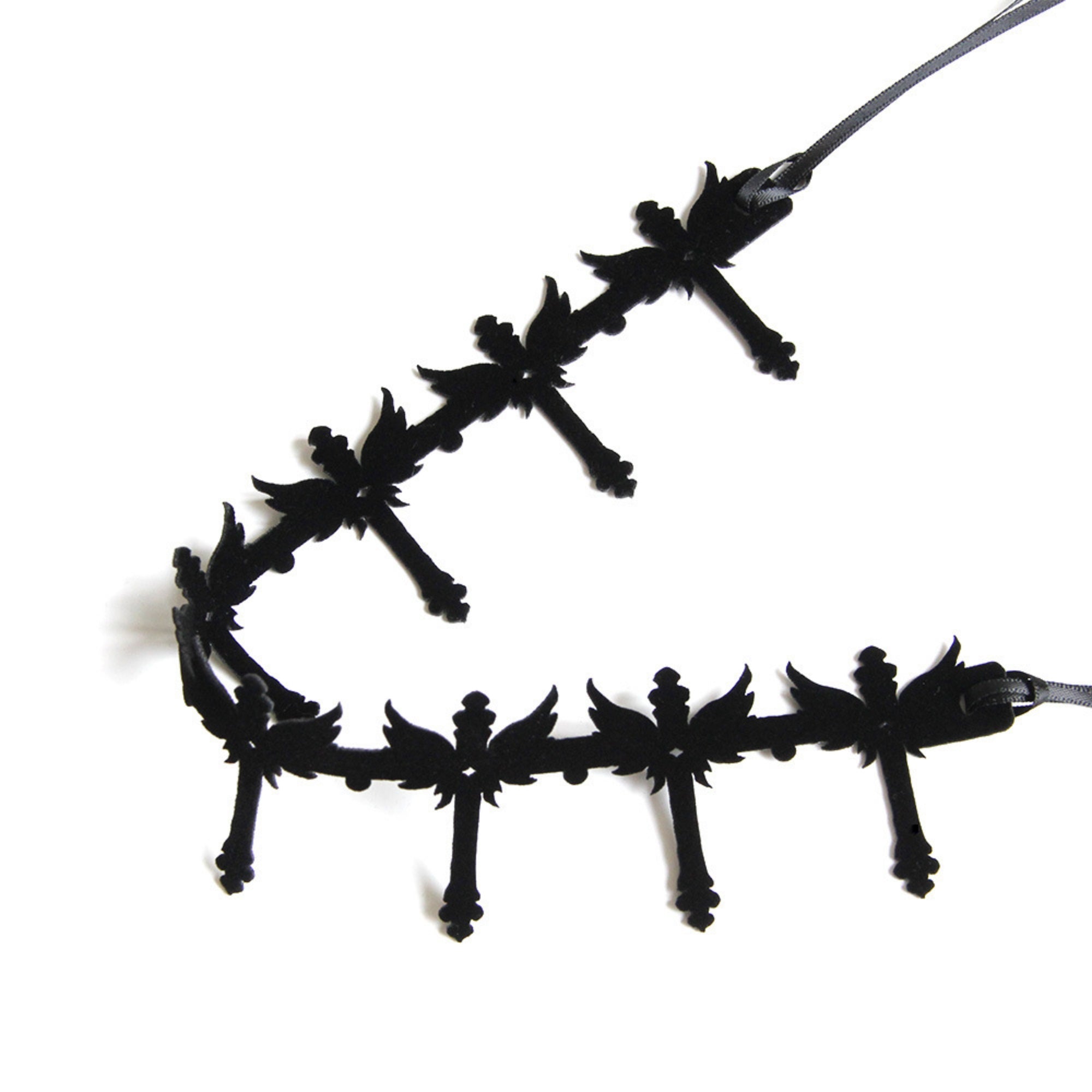 Gothic Black Winged Cross Choker Necklace | Wide Cutwork Ribbon Tie Dark Angel Halloween Jewelry