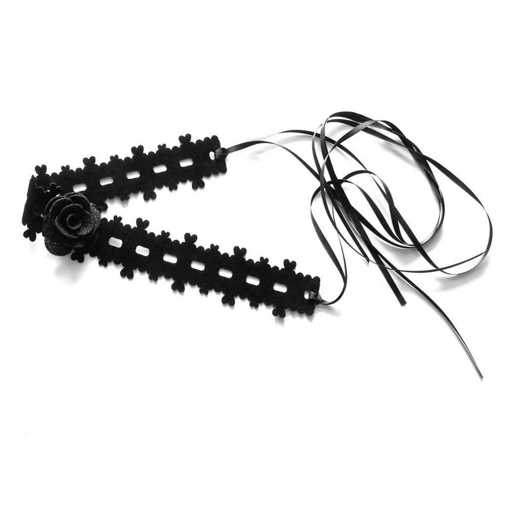 Halloween Black Lace Choker Necklace | 3D Rose Center Ribbon Tie Witch Gothic Bride Dark Costume Jewelry