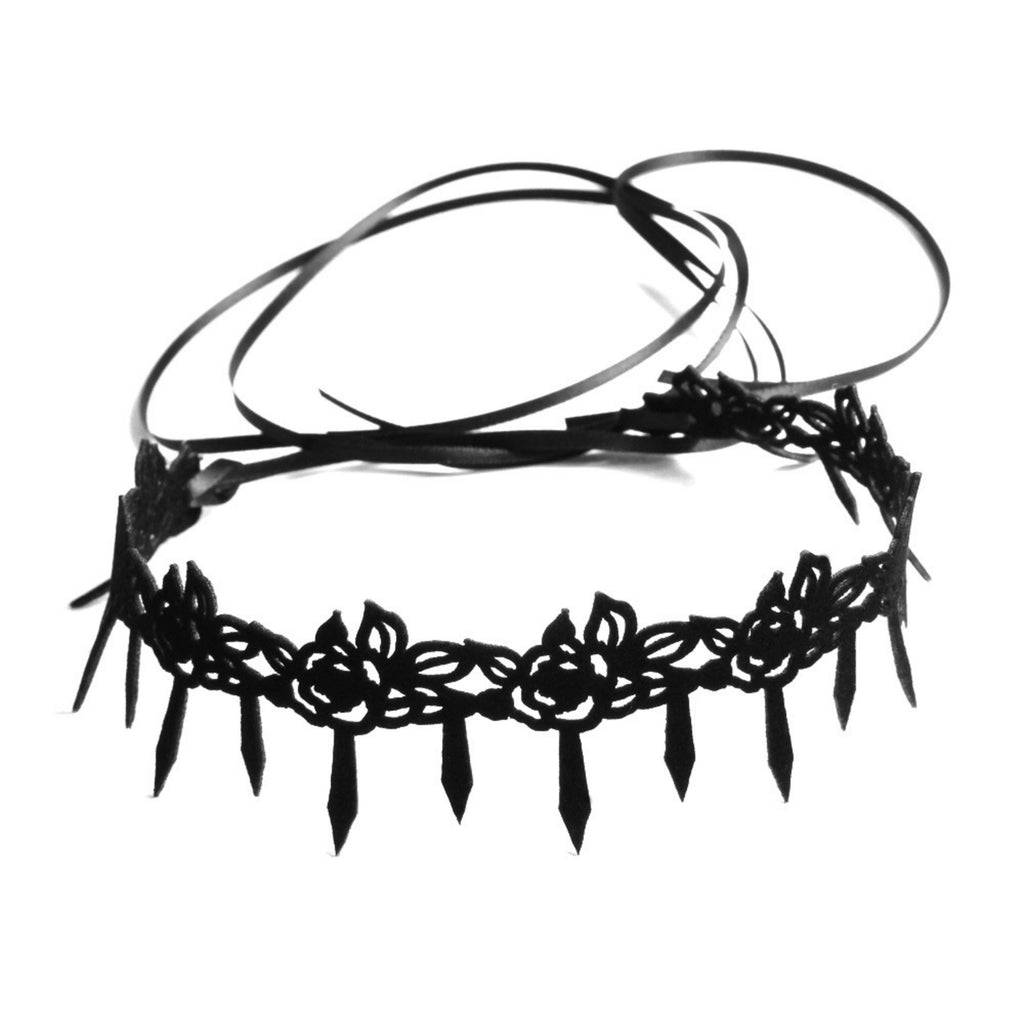 Halloween Black Spike Fringe Vine Choker Necklace | Velvet Thorn Spike Drop Scroll Vine Ribbon Tie Vampire Witch Dark Costume Halloween Jewelry