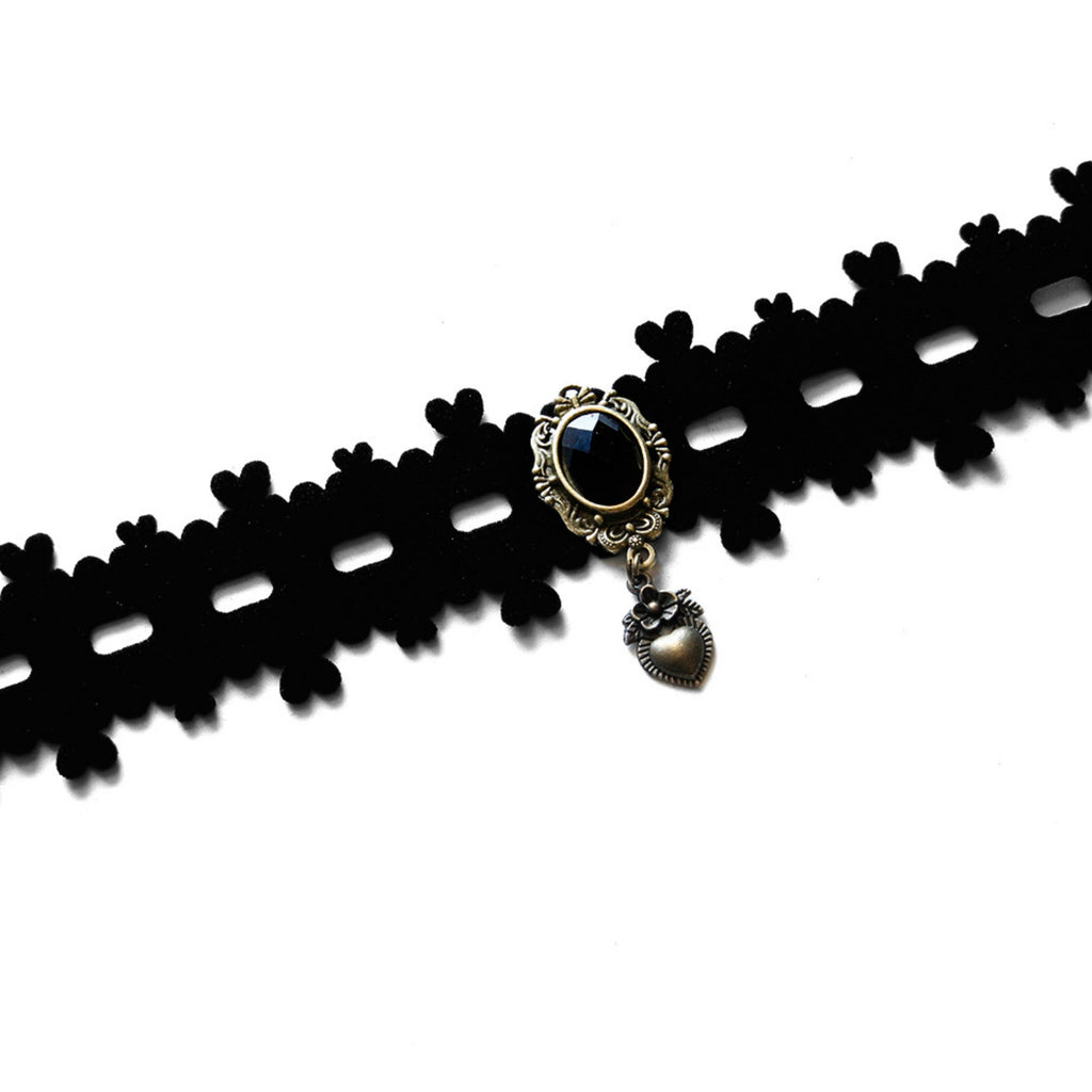 Halloween Gothic Black Velvet Grid Cutwork Choker Necklace | Silver Heart Pendant Black Oval Gemstone Clover Edge Ribbon Tie Dark Witch Costume Jewelry