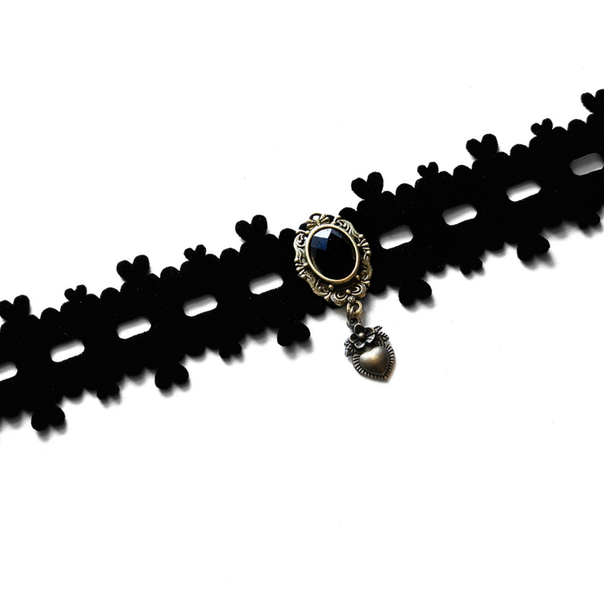 Halloween Gothic Black Velvet Grid Cutwork Choker Necklace | Silver Heart Pendant Black Oval Gemstone Clover Edge Ribbon Tie Dark Witch Costume Jewelry