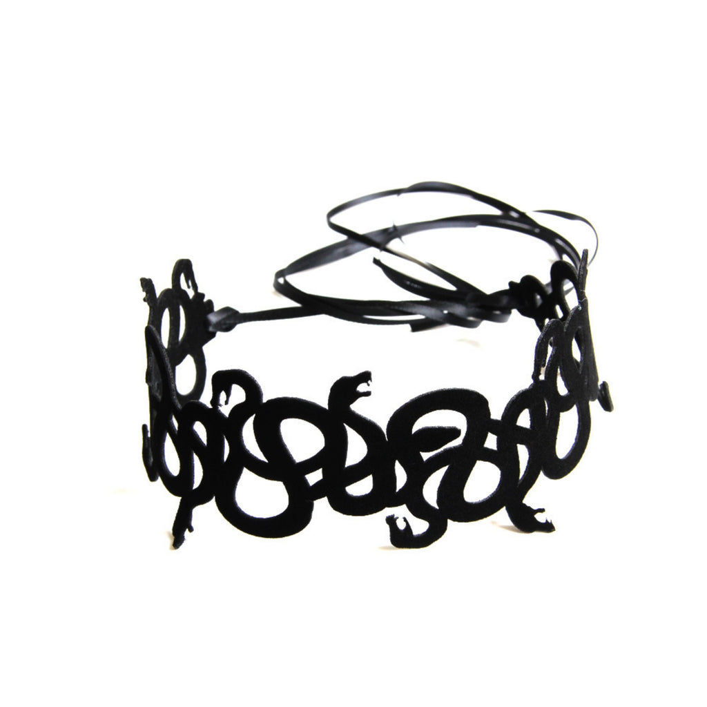 Halloween Black Coiled Snake Swarm Choker Necklace | Velvet Intertwined Serpent Cutwork Ribbon Tie Medusa Witch Dark Costume Jewelry
