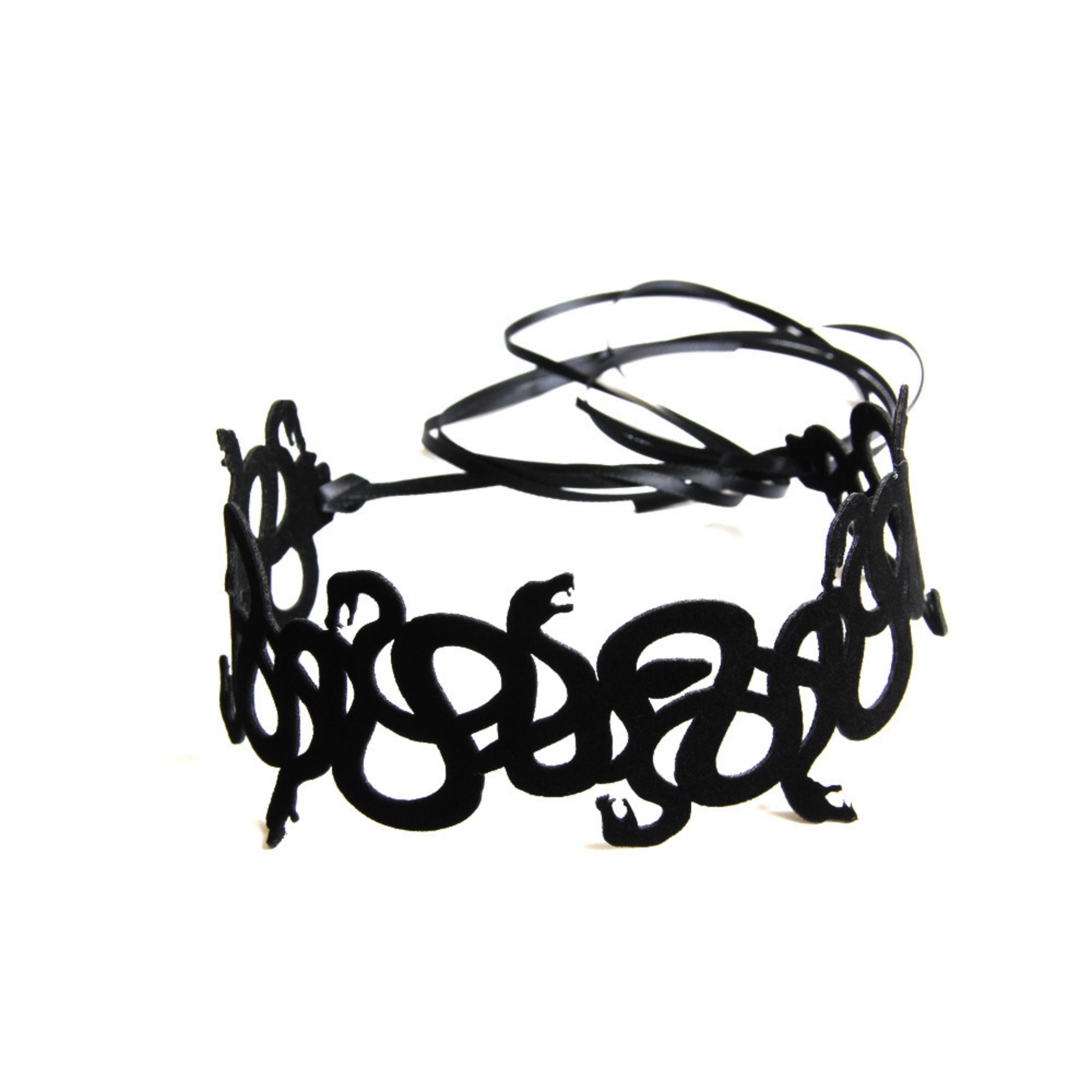 Halloween Black Coiled Snake Swarm Choker Necklace | Velvet Intertwined Serpent Cutwork Ribbon Tie Medusa Witch Dark Costume Jewelry