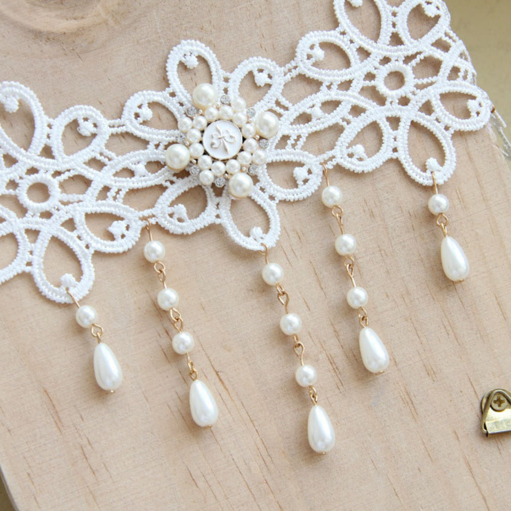 Halloween White Lace Choker Necklace | Pearl Drop Fringe Gold Chain Rhinestone Center Ghost Bride Bridal Costume Jewelry
