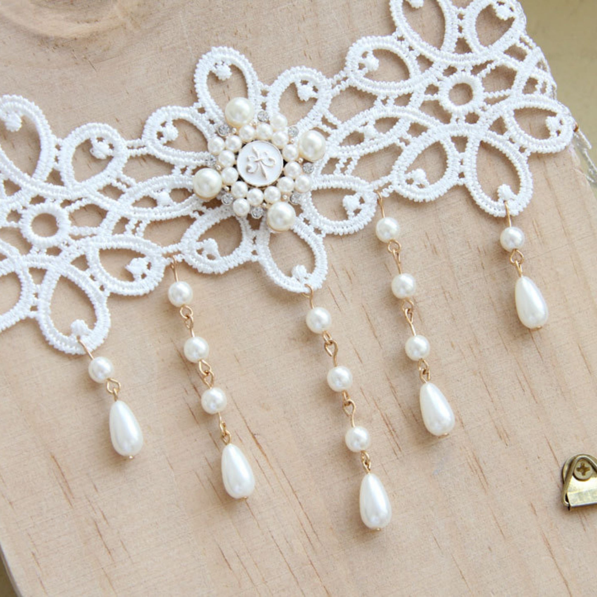 Halloween White Lace Choker Necklace | Pearl Drop Fringe Gold Chain Rhinestone Center Ghost Bride Bridal Costume Jewelry