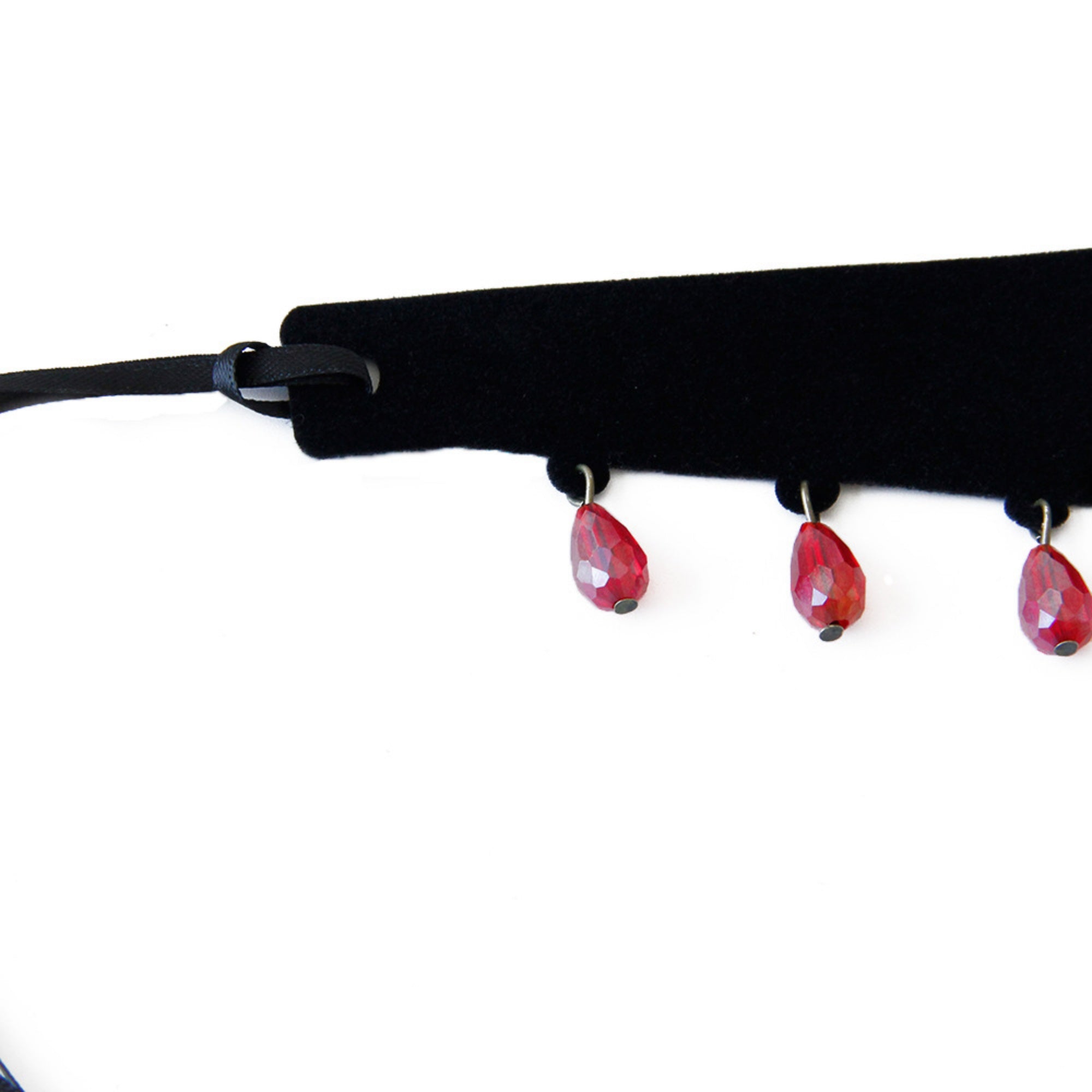 Gothic Vampire Black Velvet V-Collar Choker Necklace | Full Red Crystal Teardrop Fringe Antique Cameo Pendant Ribbon Tie Dark Jewelry