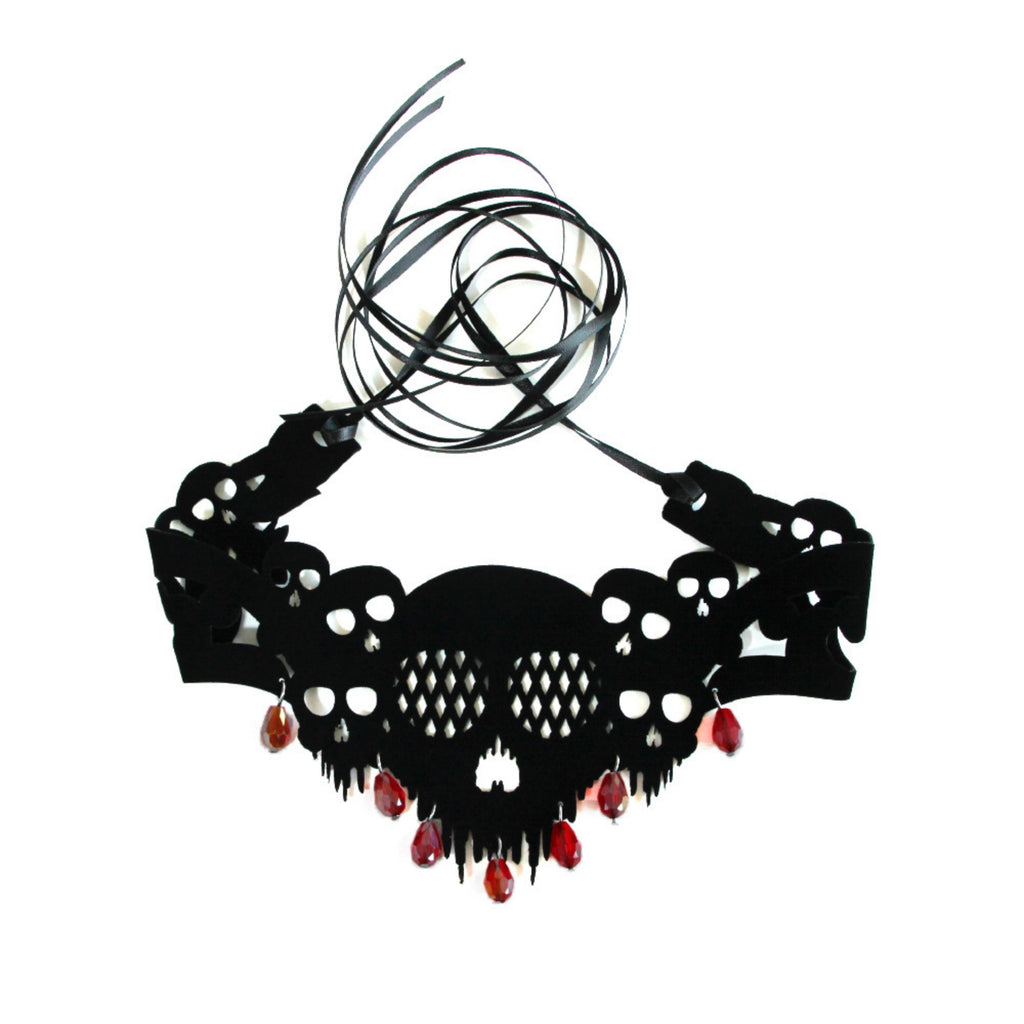 Halloween Gothic Black Skull Choker Necklace | Red Crystal Teardrop Drop Ribbon Tie Vampire Dark Jewelry