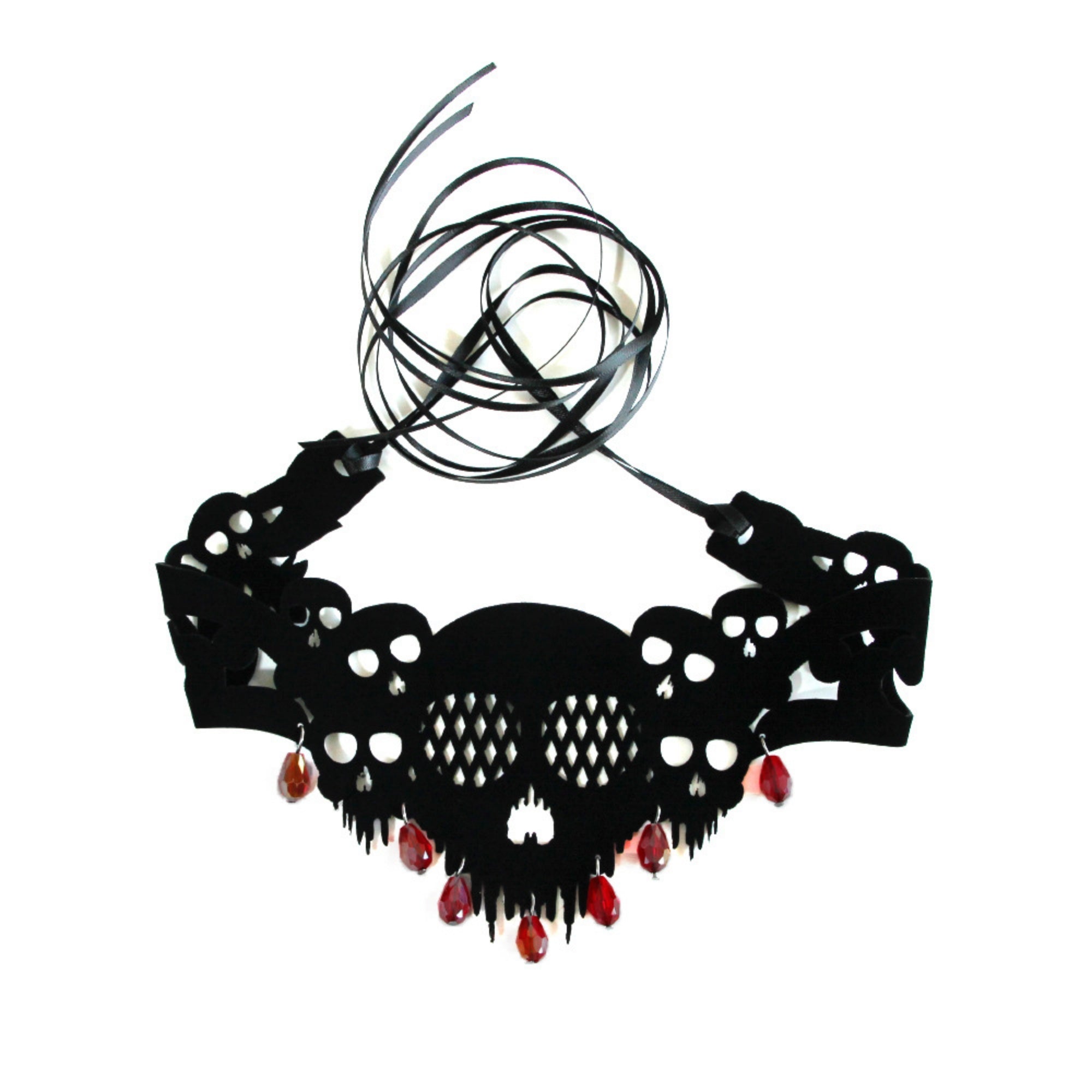 Halloween Gothic Black Skull Choker Necklace | Red Crystal Teardrop Drop Ribbon Tie Vampire Dark Jewelry