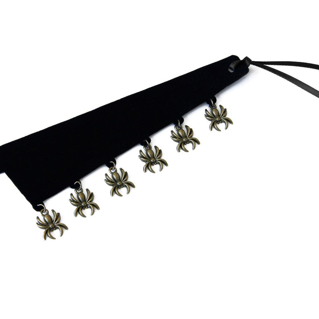 Halloween Gothic Black Velvet Choker Necklace | Antique Bronze Spider Charm Drop Fringe Ribbon Bow Tie Dark Jewelry
