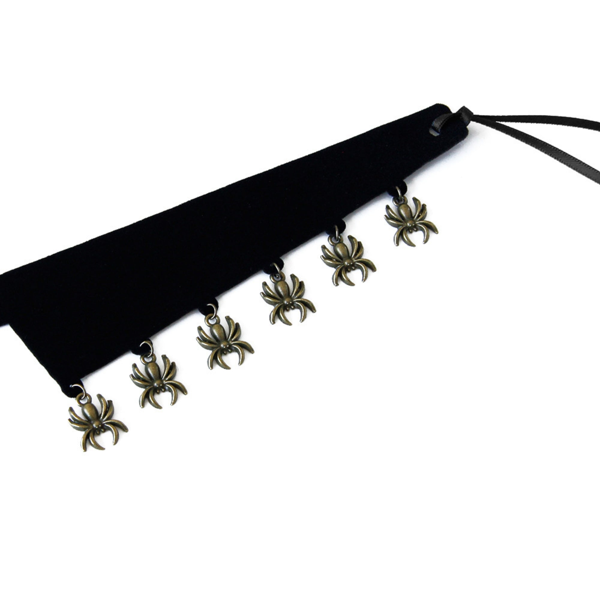 Halloween Gothic Black Velvet Choker Necklace | Antique Bronze Spider Charm Drop Fringe Ribbon Bow Tie Dark Jewelry