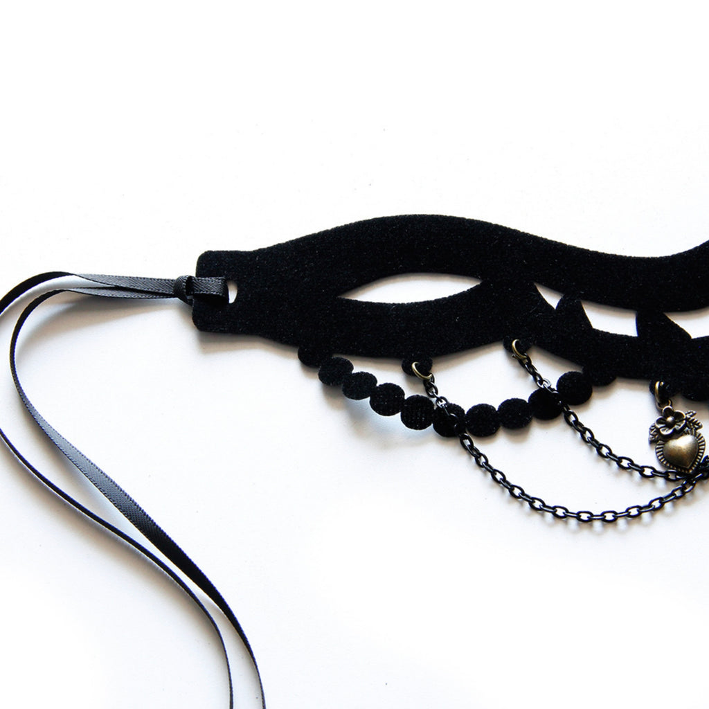 Halloween Gothic Black Velvet Crown Cutwork Choker Necklace | Antique Bronze Heart Rose Charm Chain Drape Ribbon Tie Dark Queen Costume Jewelry