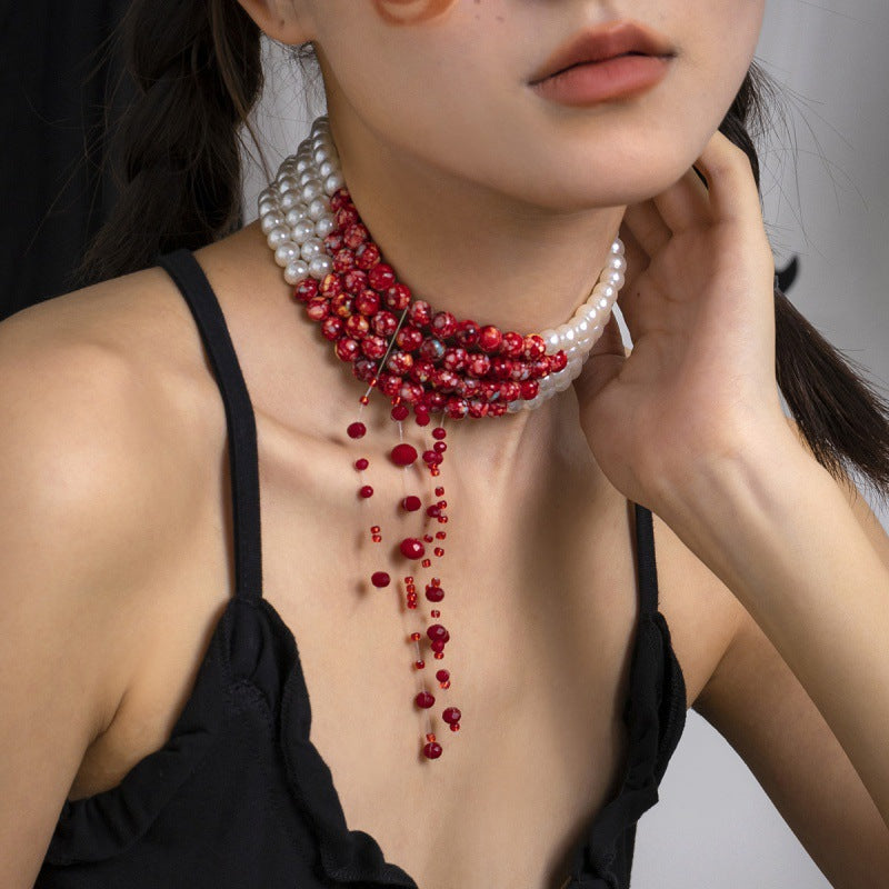 Halloween Gothic Two-Tone Pearl & Blood Red Stone Wide Choker Necklace | Vampire Dark Romance Halloween Costume Jewelry