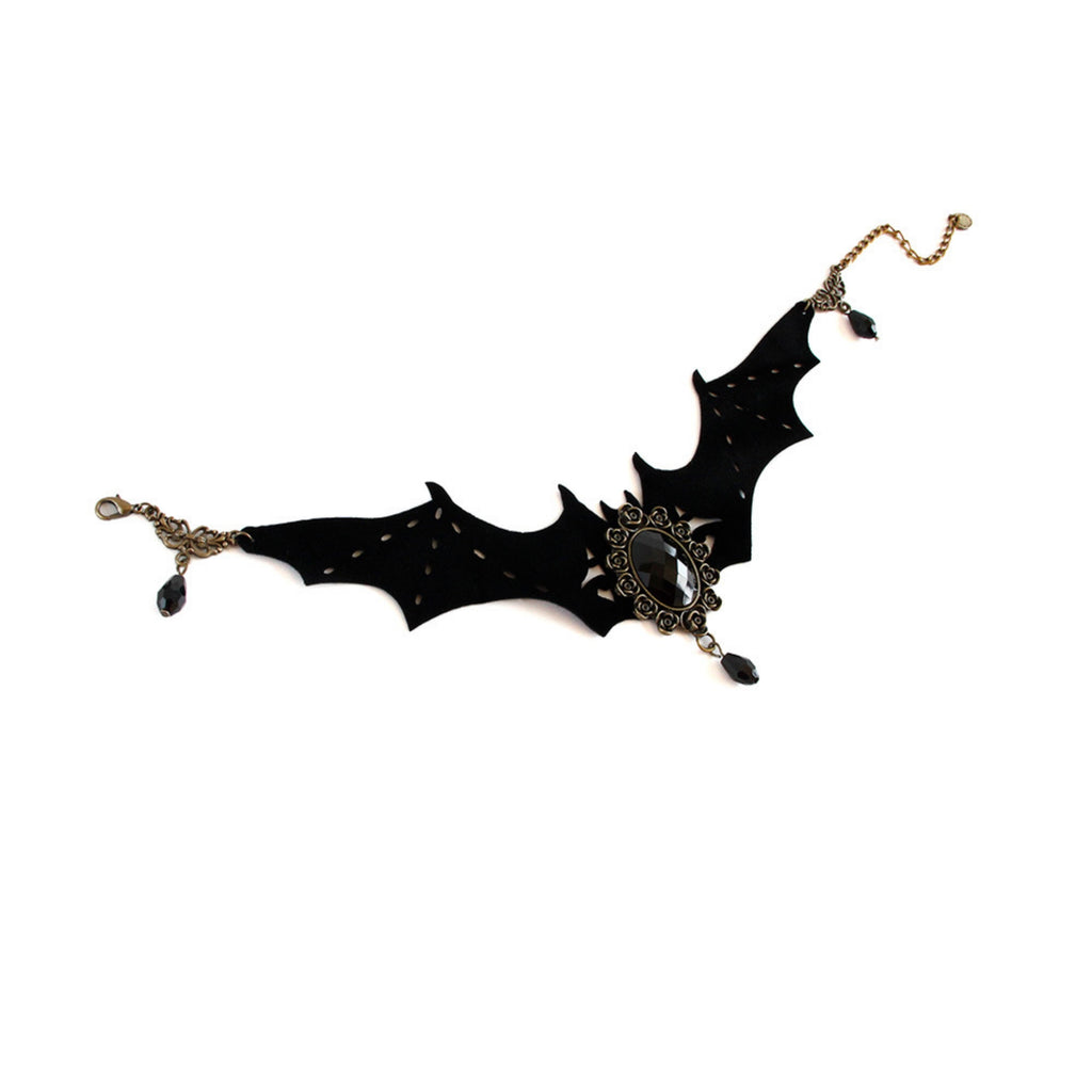 Gothic Halloween Bat Wing Black Velvet Choker Necklace | Antique Bronze Black Gem Crystal Teardrop Drop Vampire Dark Jewelry