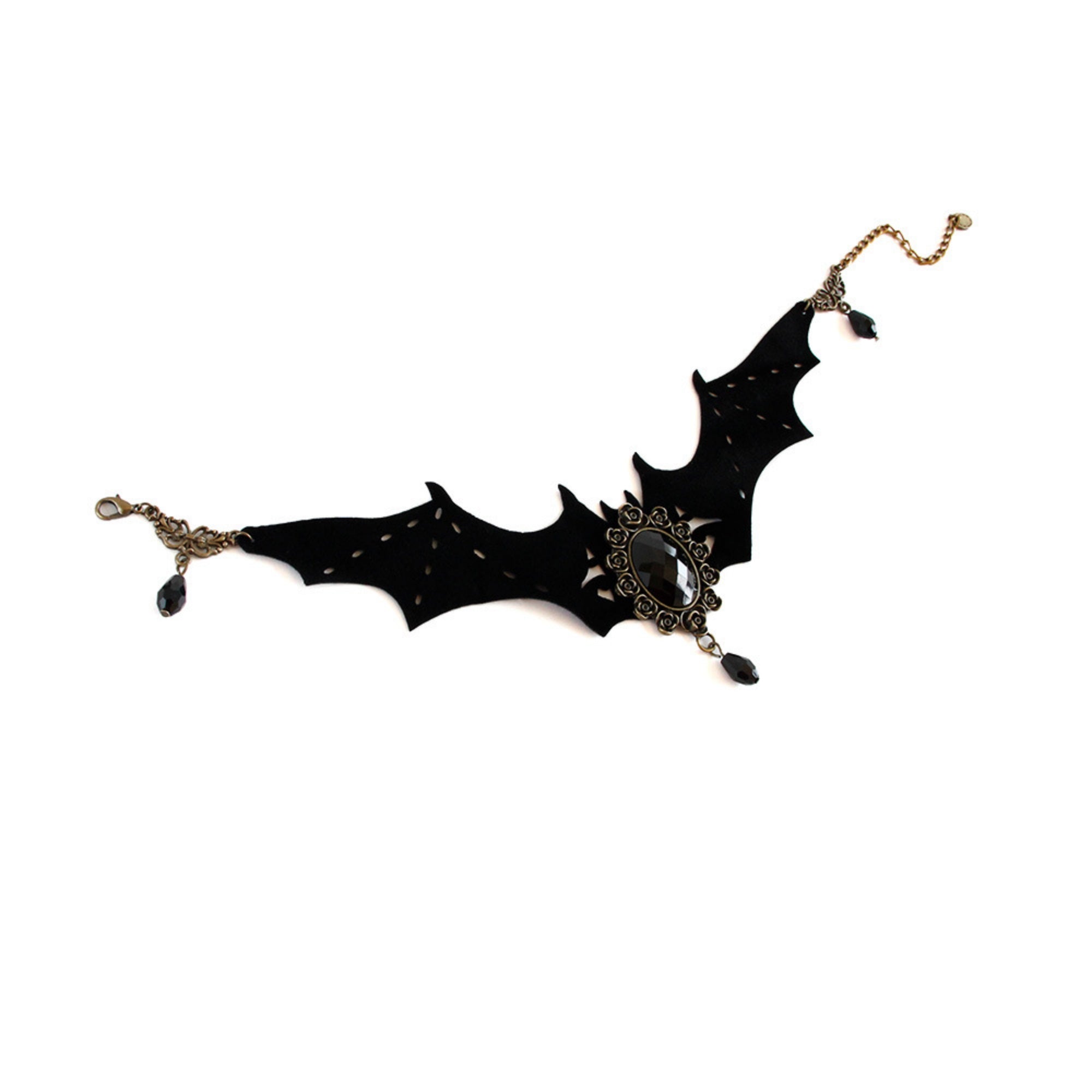 Gothic Halloween Bat Wing Black Velvet Choker Necklace | Antique Bronze Black Gem Crystal Teardrop Drop Vampire Dark Jewelry